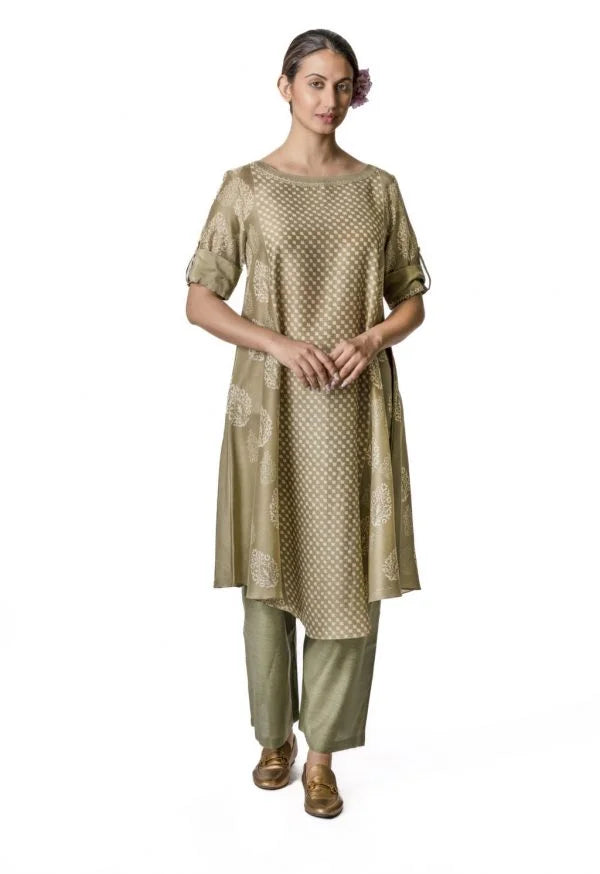 Olive Chanderi Tunic With Floral Block Printed Motifs