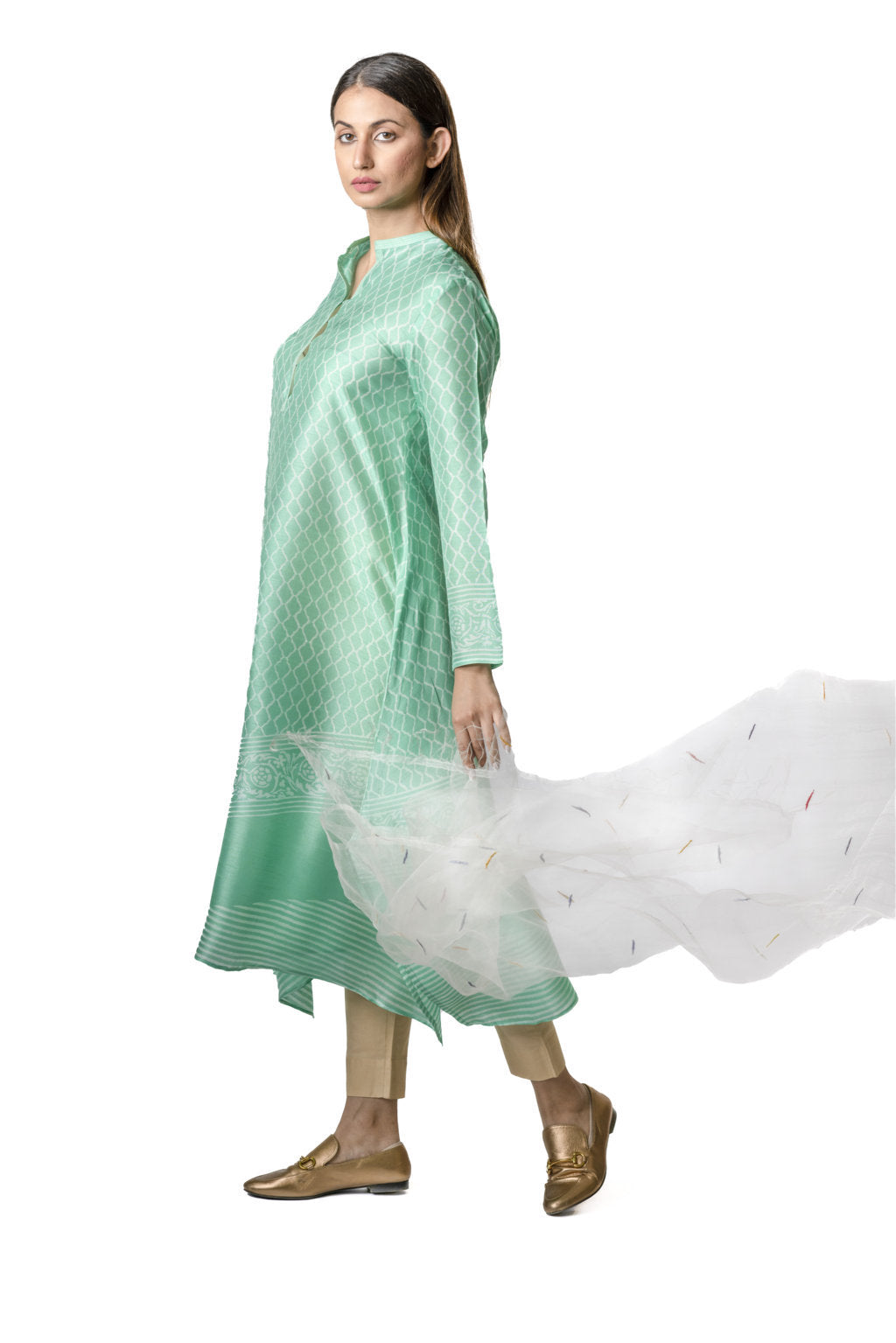 Mint asymmetric tunic with geometric print
