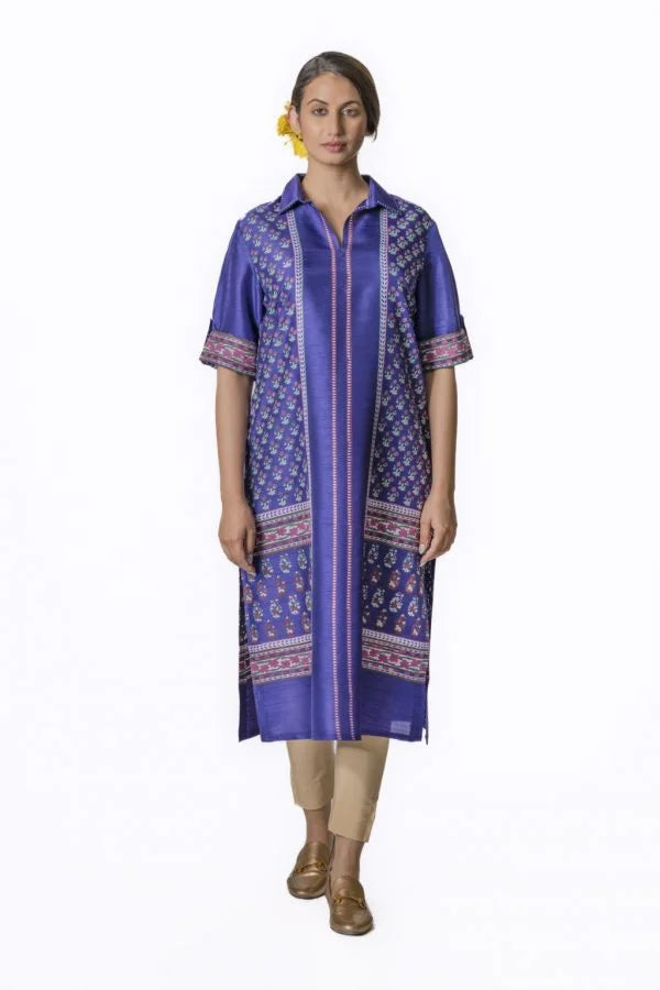 Purple Tunic In Tussar With Spread Collar