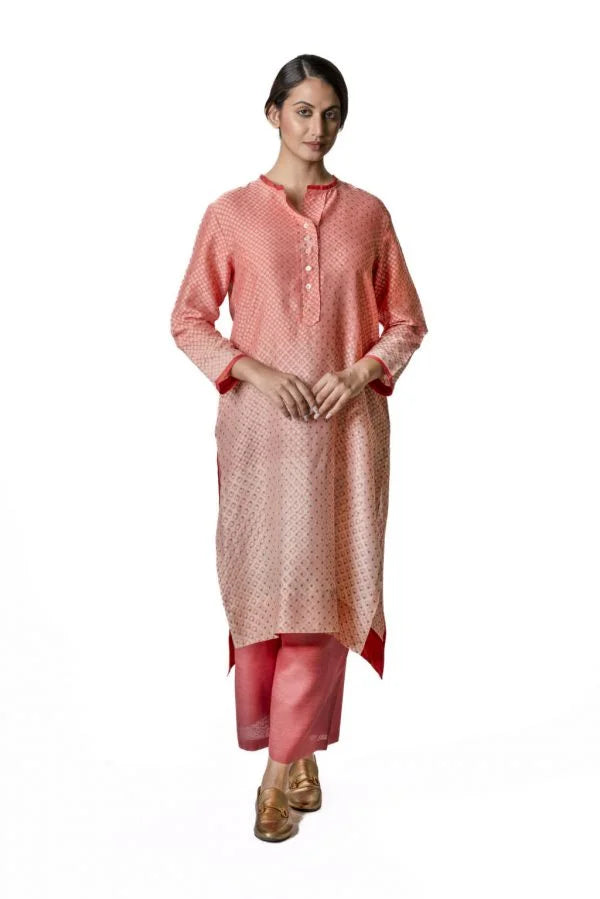 Shaded Peach Chanderi Tunic With Geometric Block Print