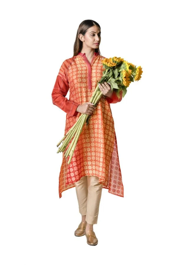 Tangerine Chanderi Tunic With Floral Block Print