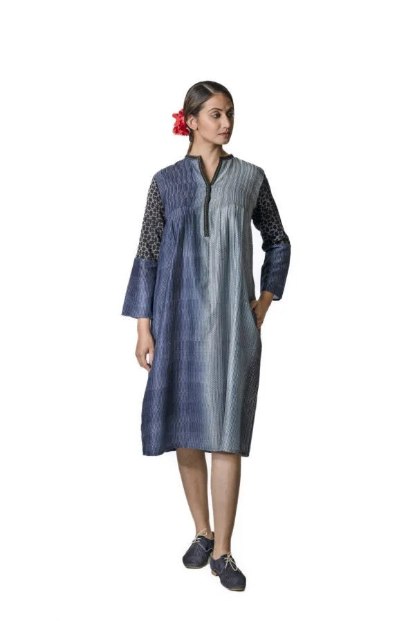 Ocean Chanderi Tunic With Zig Zag Block Print,