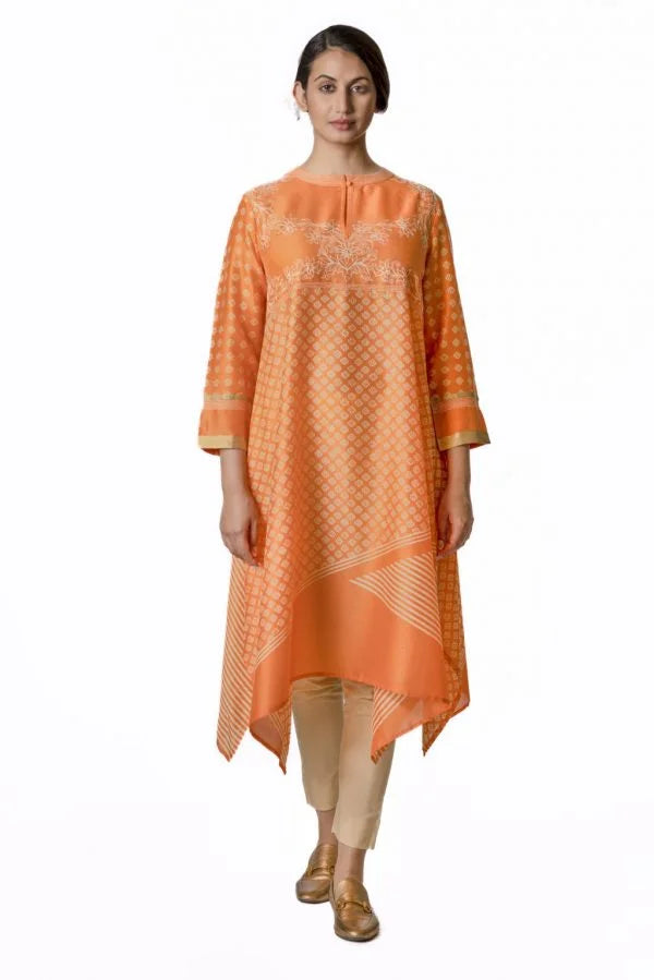 Orange Asymmetric Chanderi Tunic With Stripes, Geometric Block Print