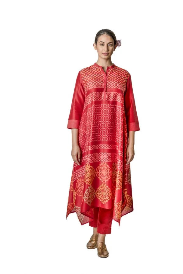 Red Chanderi Tunic With Floral & Geometric Block Print