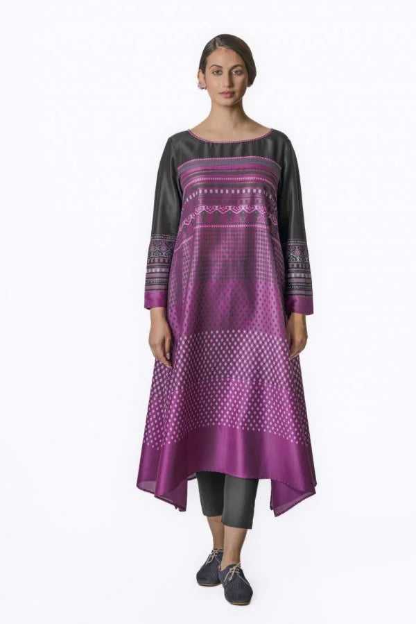 Purple Chanderi Tunic With Geometric Block Print