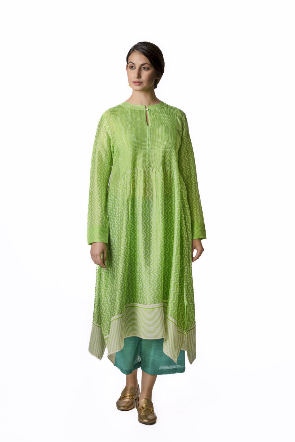 Green Asymmetric Chanderi Tunic