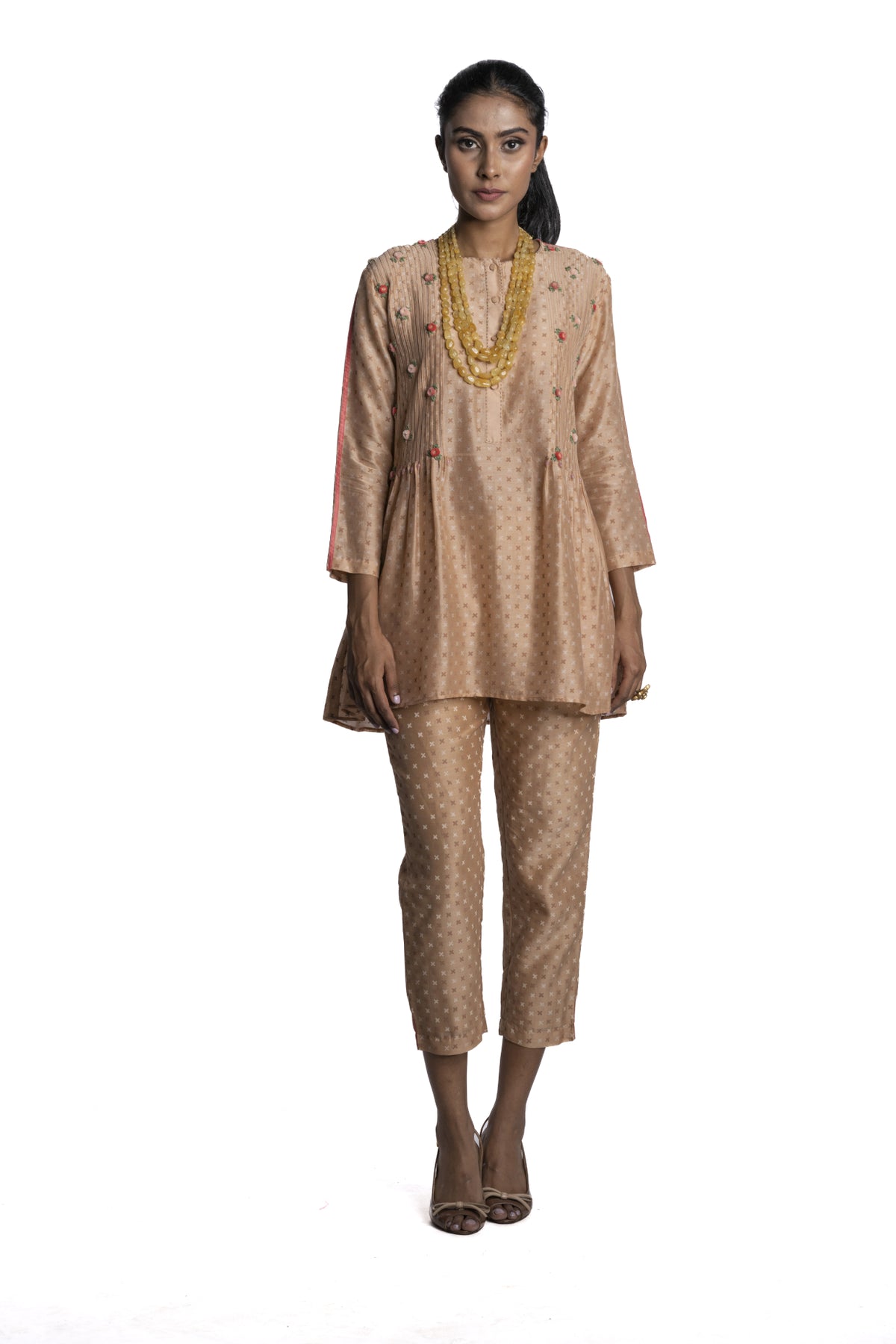 Beige Printed Chanderi Tunic Set