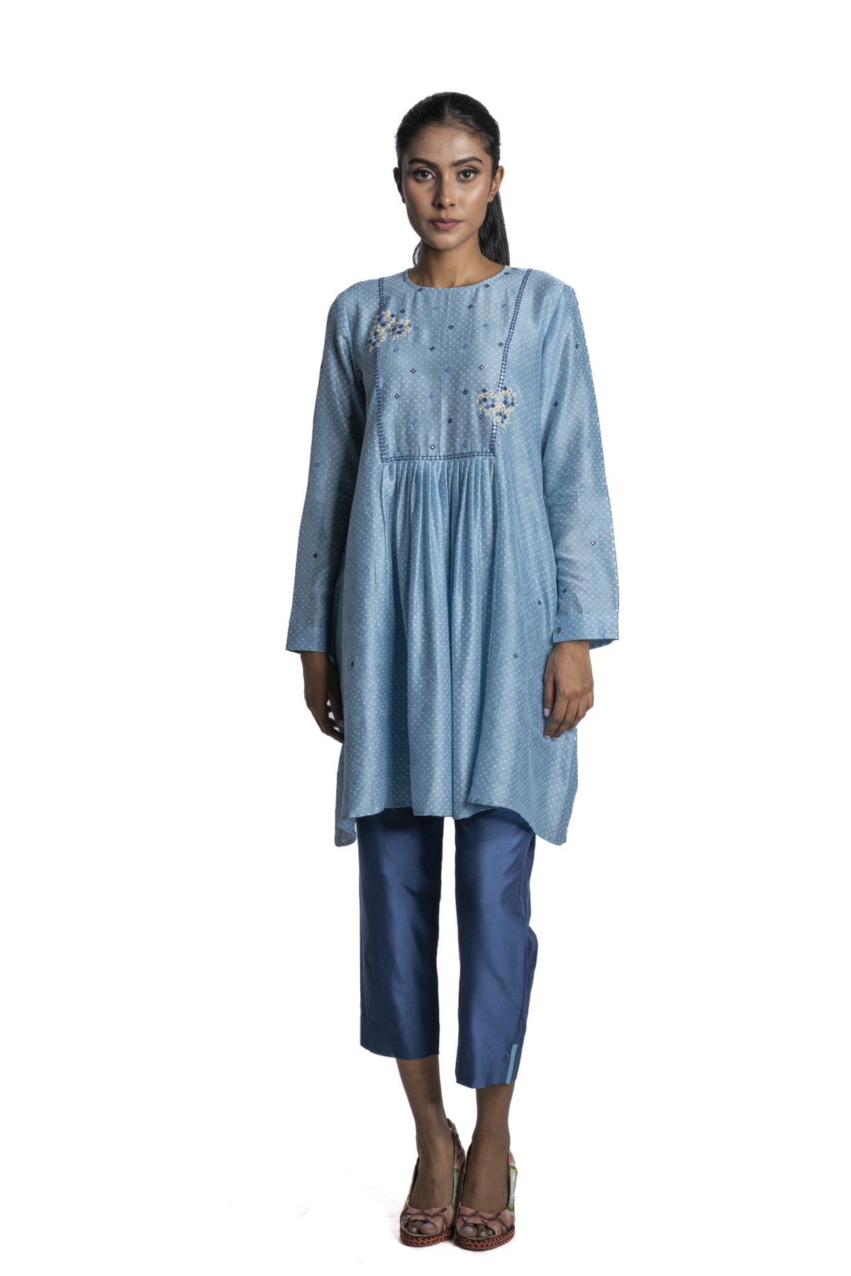 Sky Blue Chanderi Printed Tunic Set