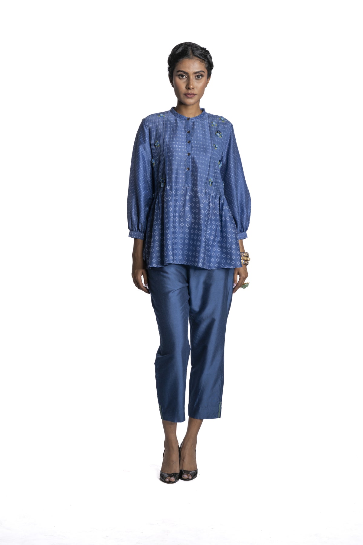 Blue Chanderi Polka dot Tunic Set