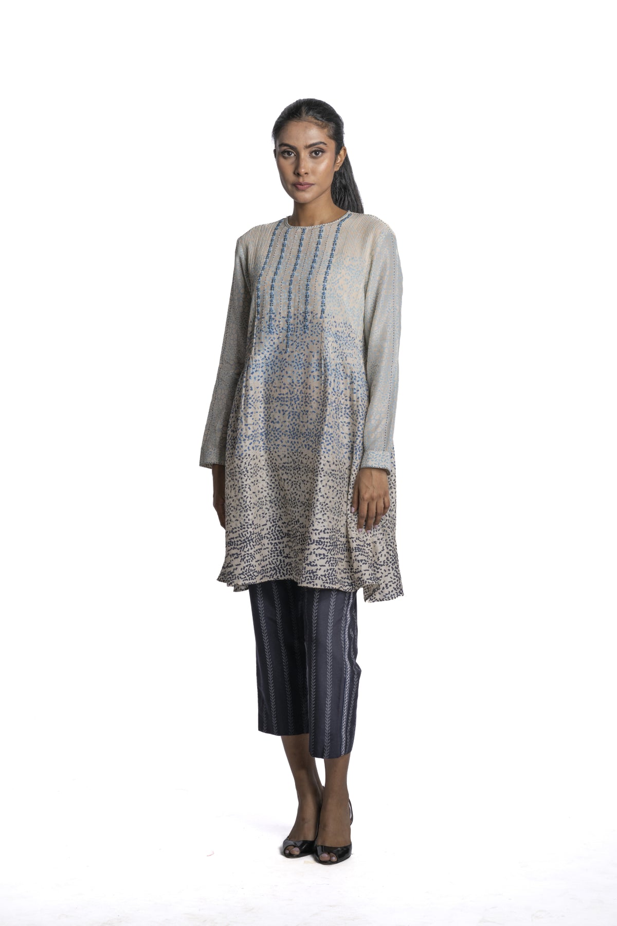White Chanderi multi color Printed Tunic Set
