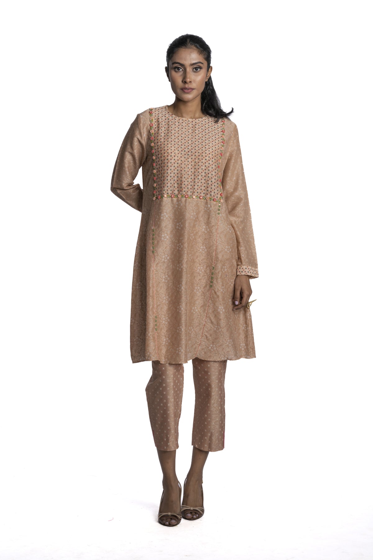 Beige Chanderi Floral Printed Tunic Set