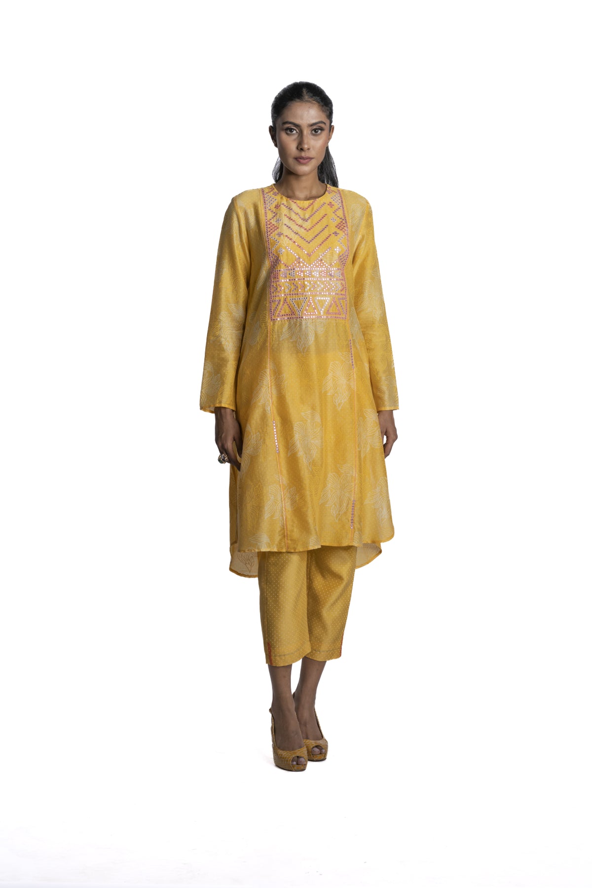 Yellow chanderi Floral Printed Tunic Set