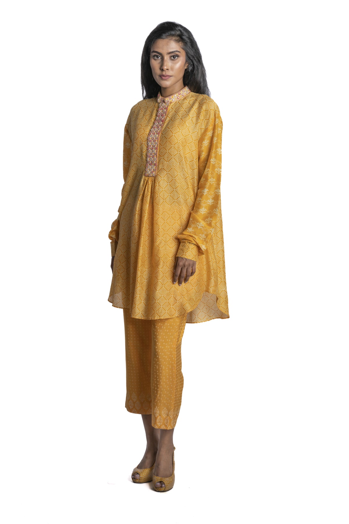 Yellow Chanderi Asymmetric Tunic Set