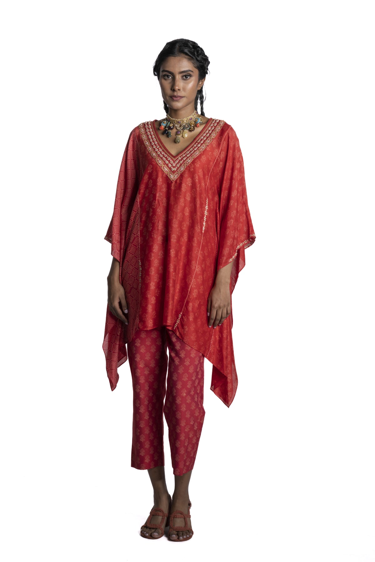 Red Asymmetric Chanderi Kaftan set
