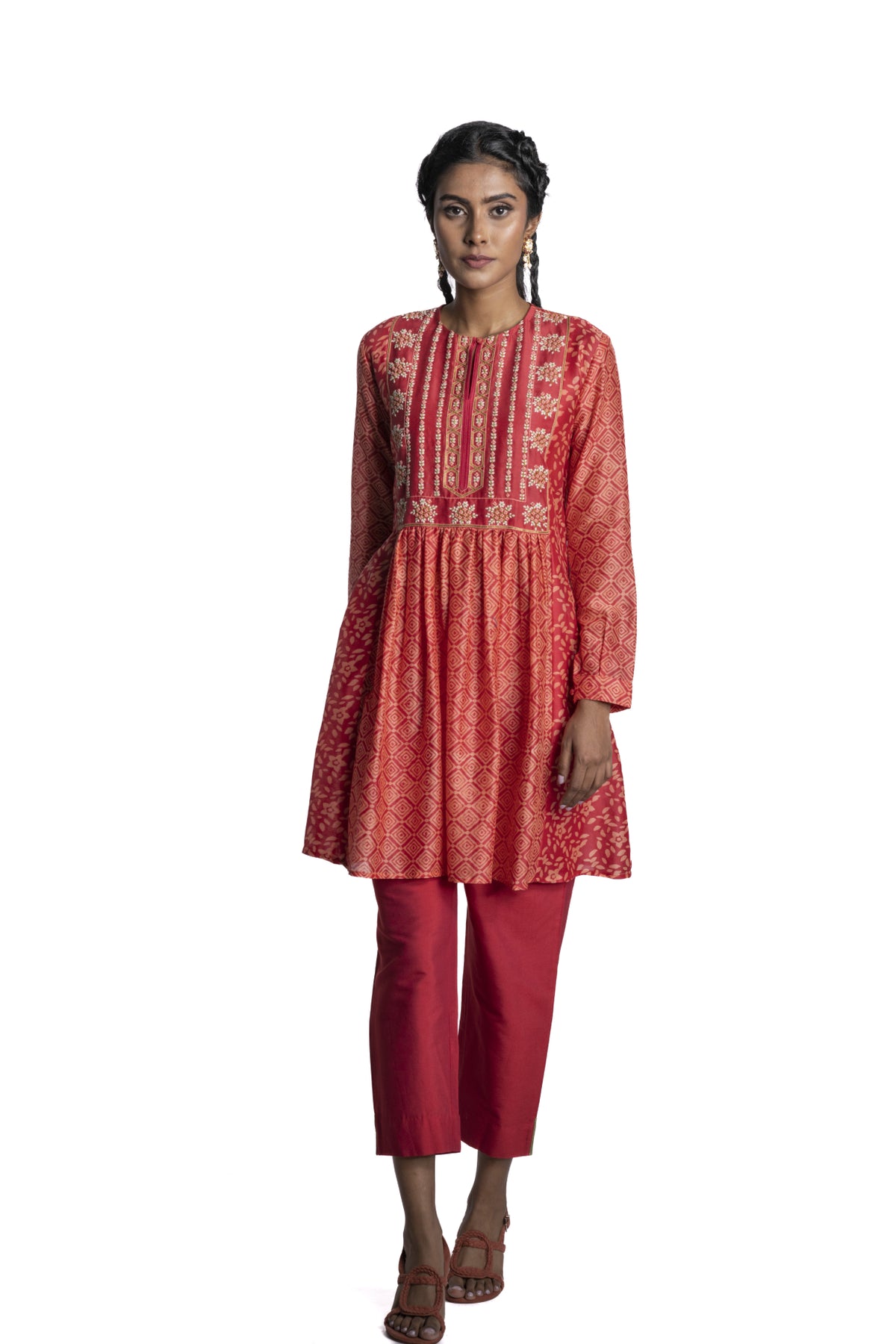 Red Chanderi Floral Embroidered Tunic Set