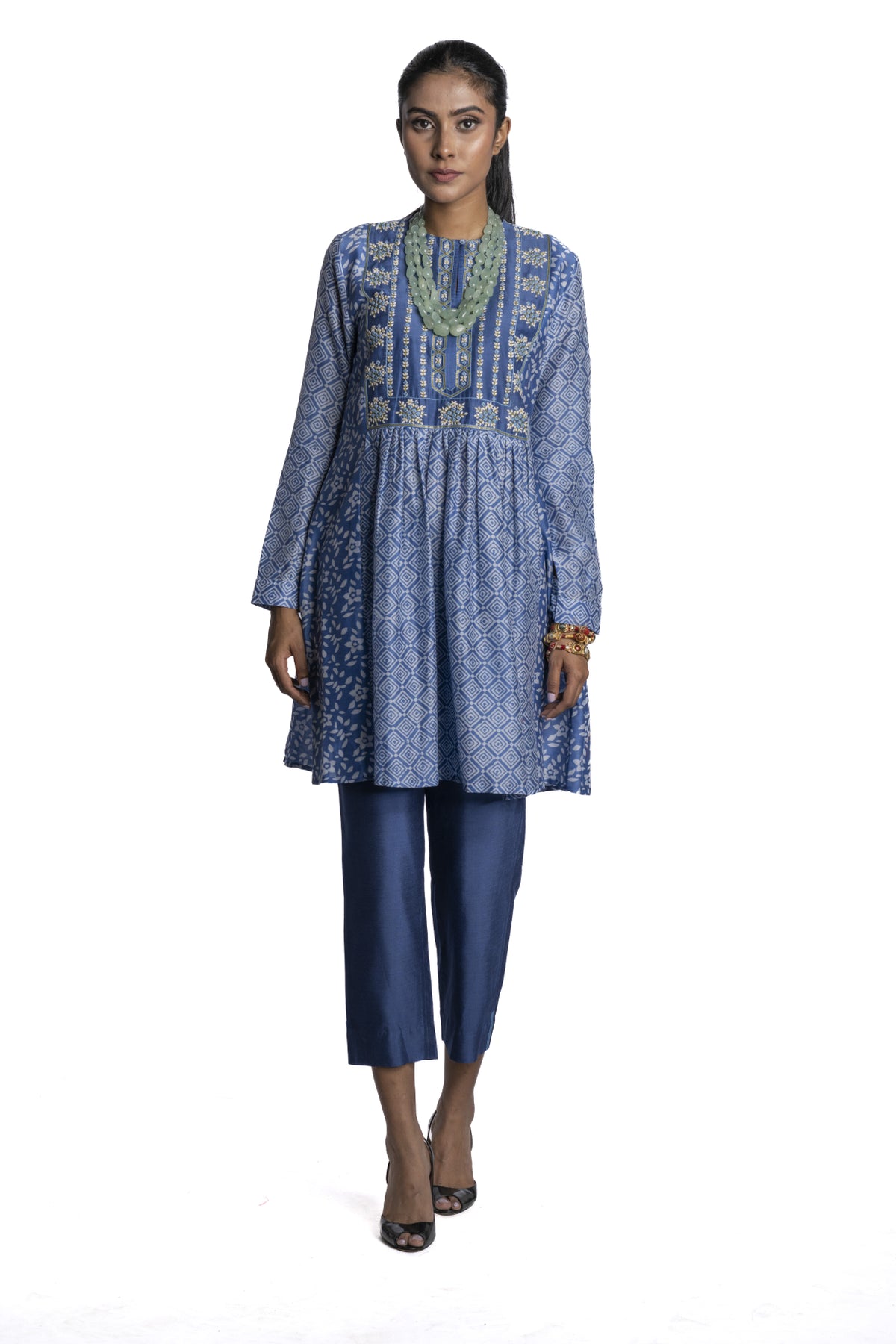 Blue Chanderi Floral Embroidered Tunic Set