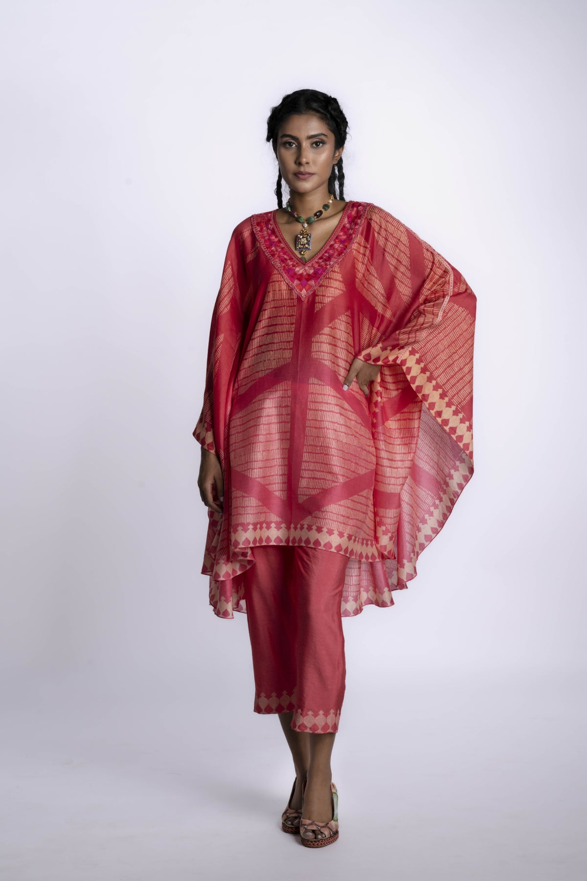 Red Cahnderi Printed Kaftan Set