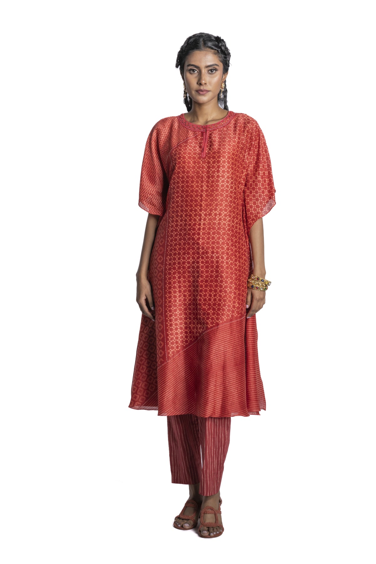 Red Chanderi Printed Stripe Tunic Set