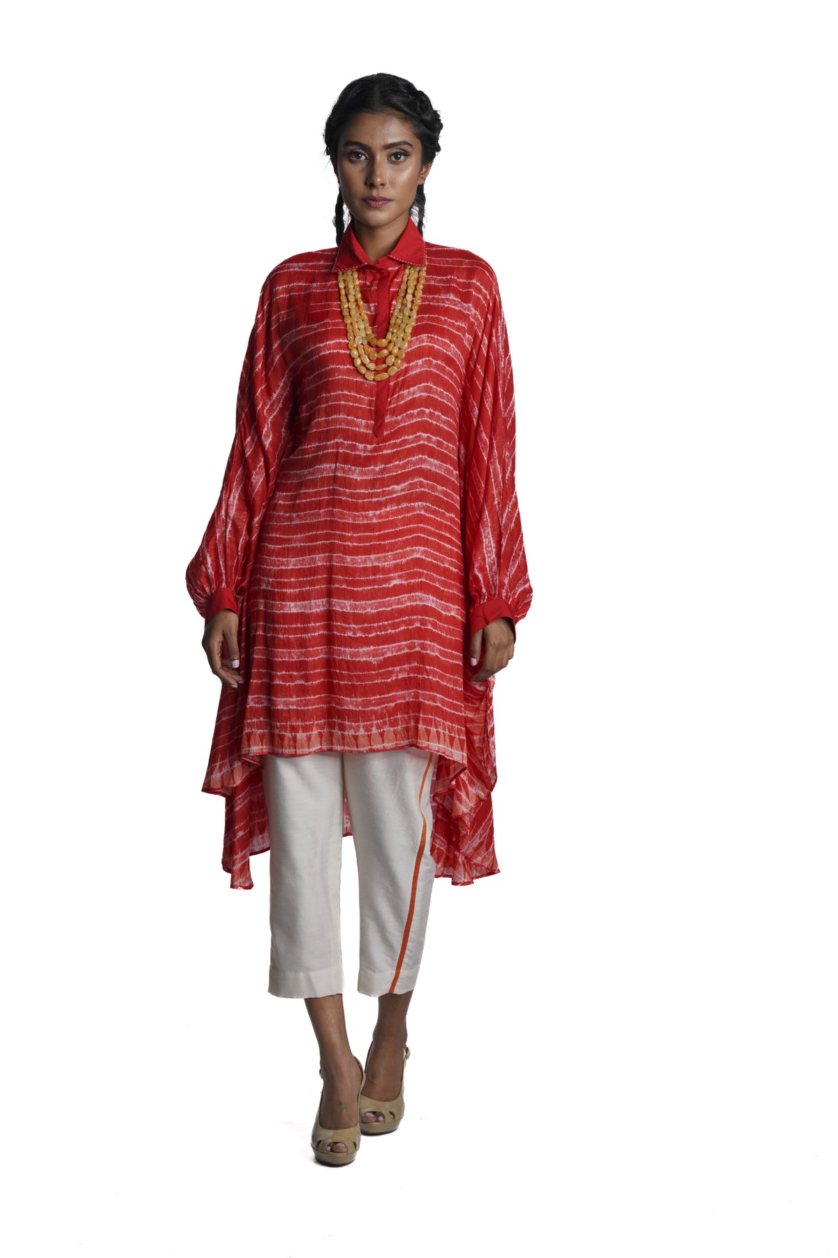 Red Tie Dye Chanderi Asymmetric Kaftan set