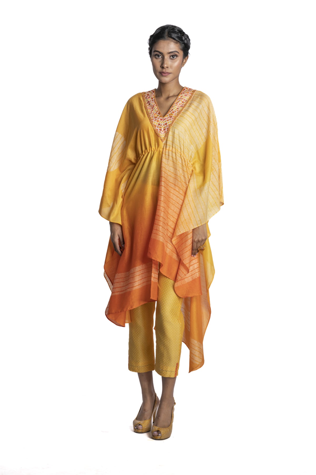 Yellow Orange Shaded Asymmetric Kaftan Set
