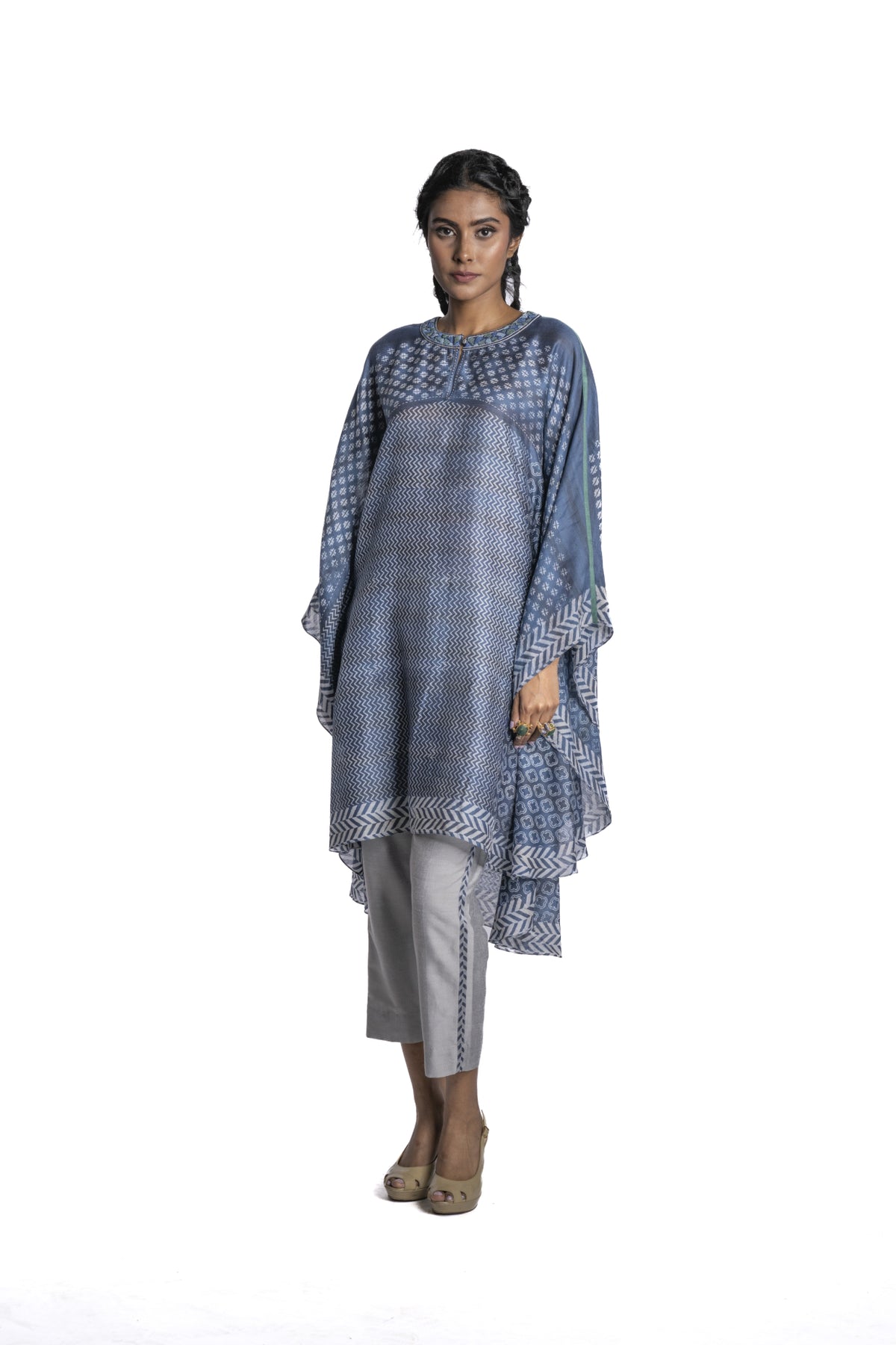 Blue Chanderi Asymmetric Printed Kaftan Set