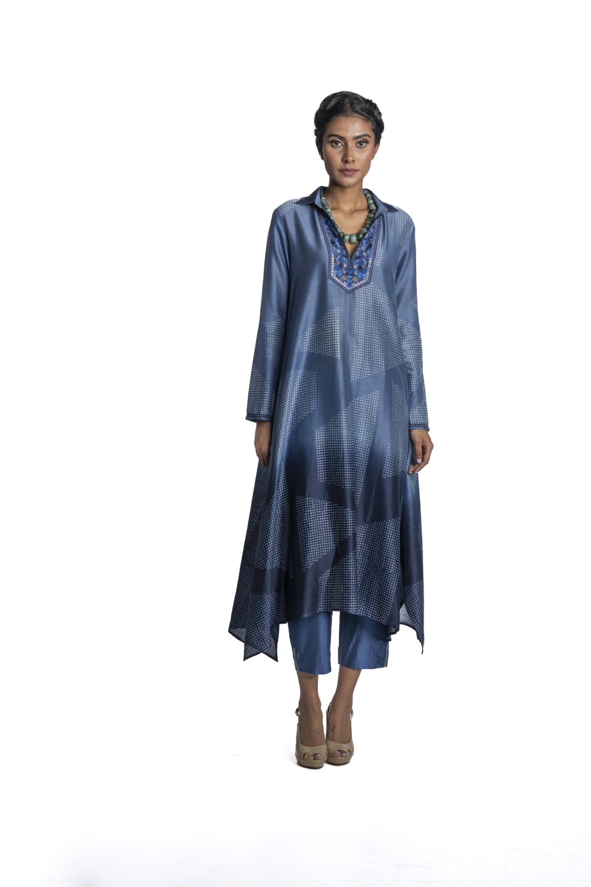 Navy Chanderi Printed Tunic Set