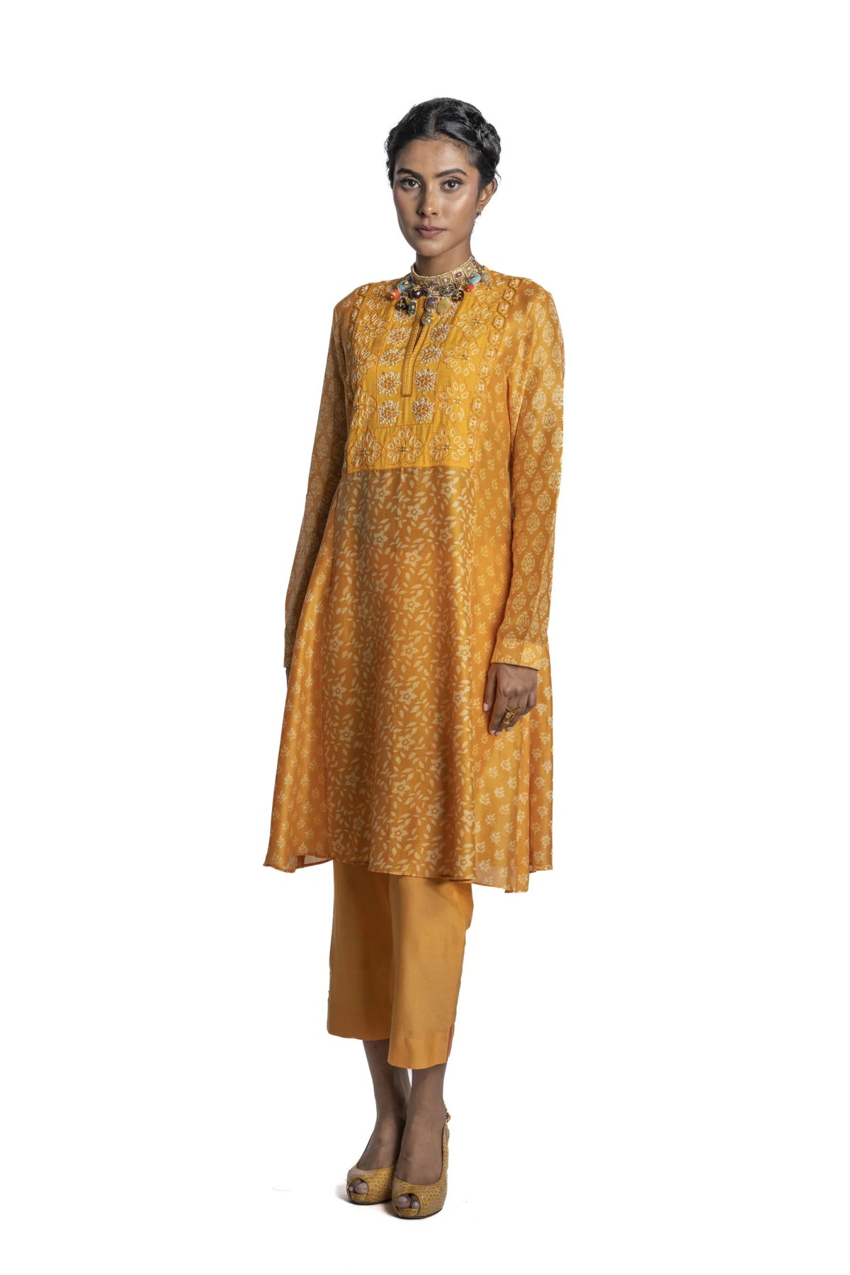 Yellow chanderi Printed Tunic Set