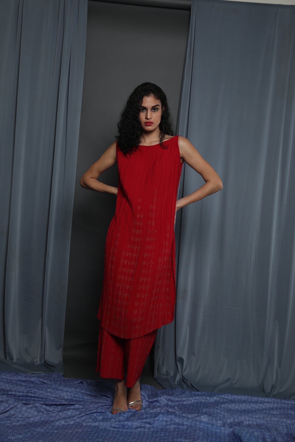 Red Pleated printed Tunic set