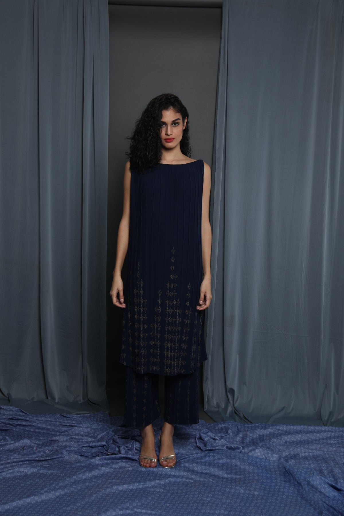 Navy Pleated Printed Tunic