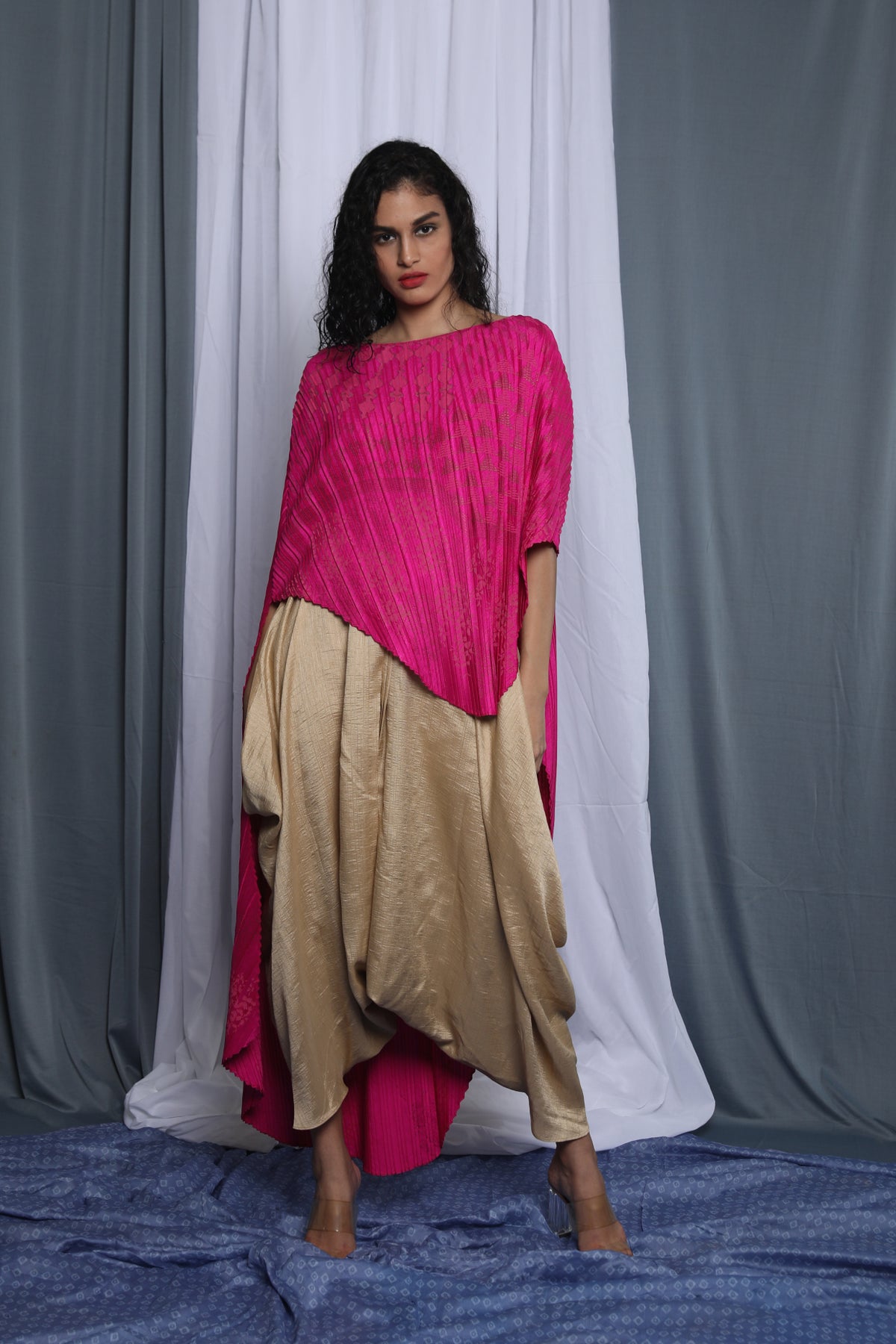 Pink Pleated Printed Asymmetric Cape