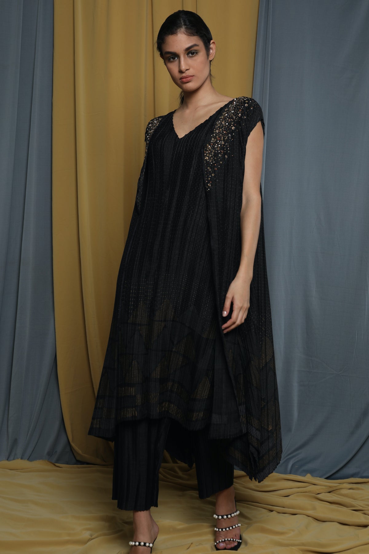 Black Printed Pleated Tunic set