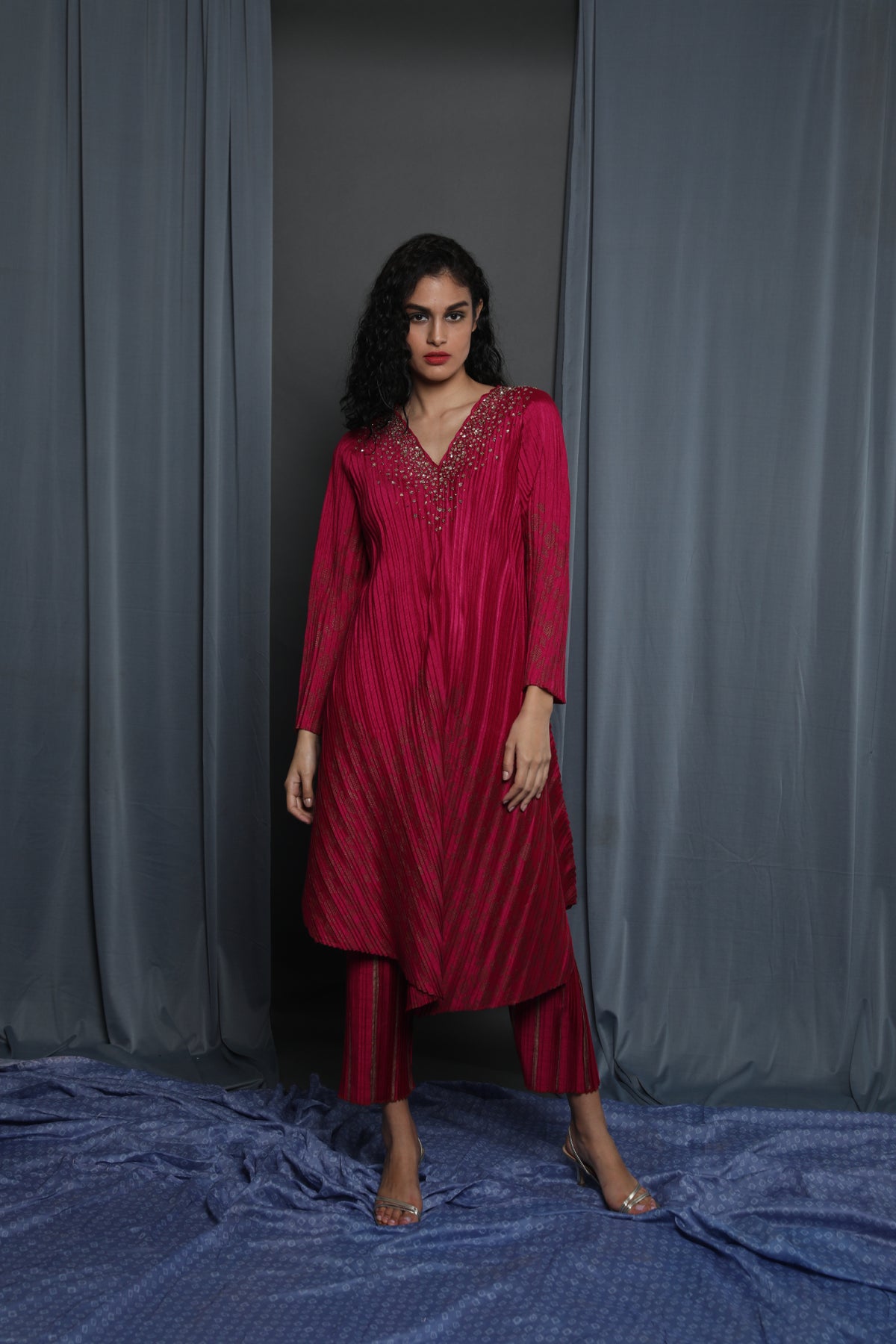 Magenta printed pleated Tunic Set