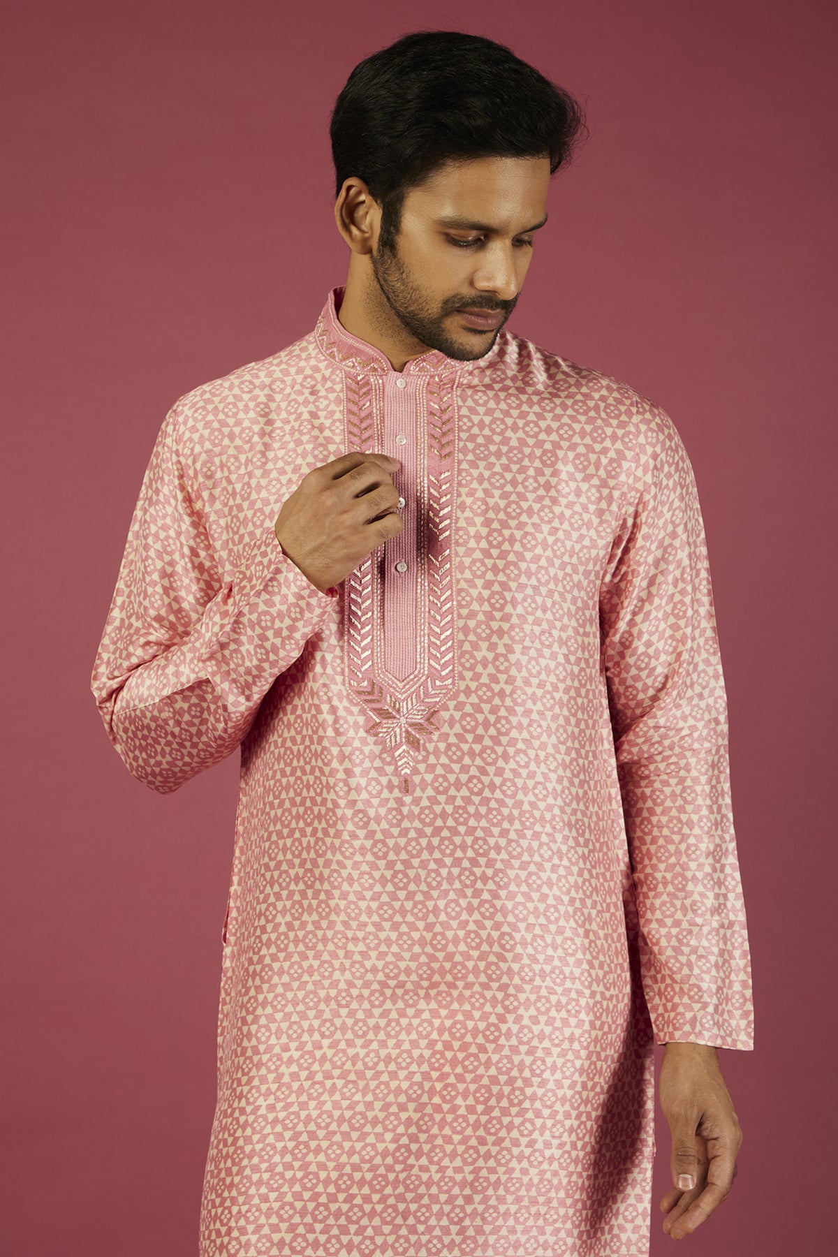 Pink Tussar Printed Kurta Set