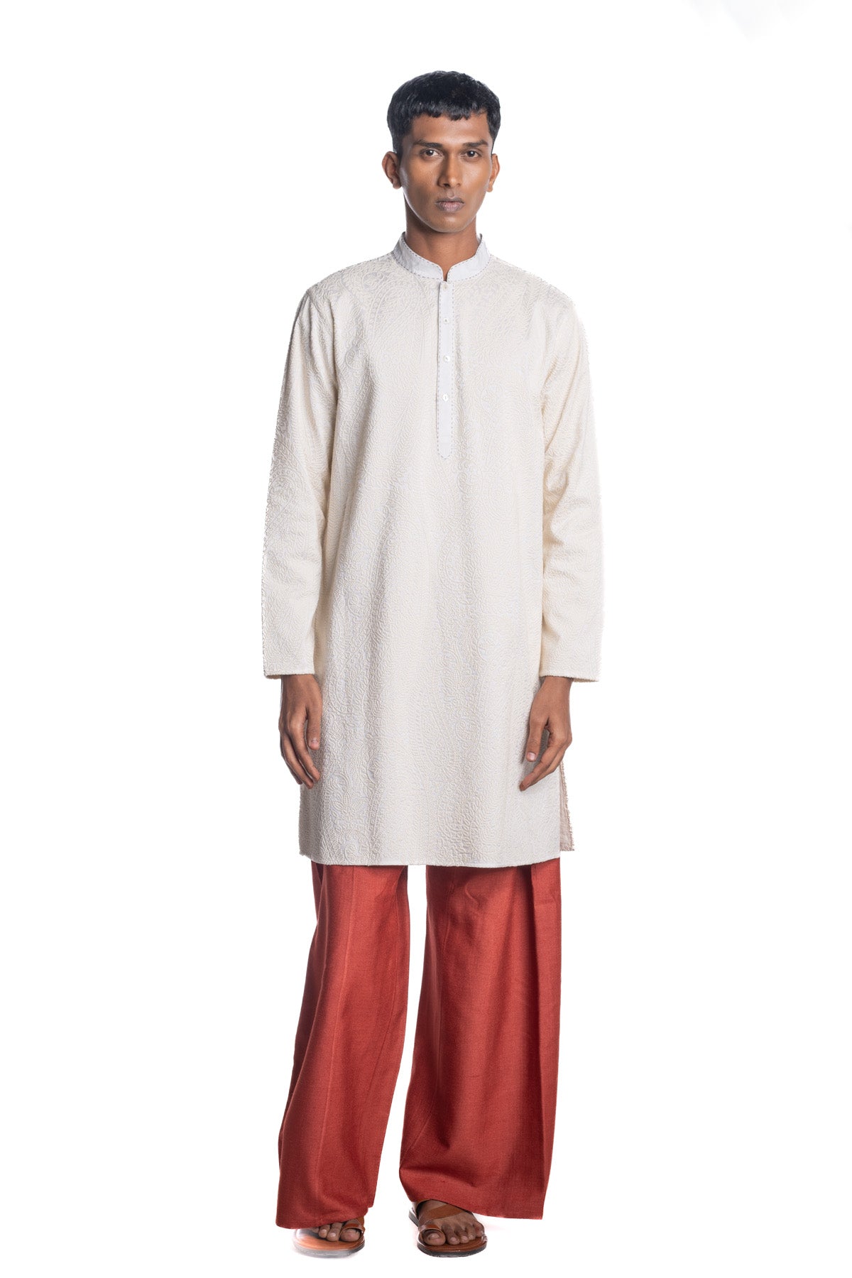 Ivory kurta with all-over subtle paisley embroidered textured surface