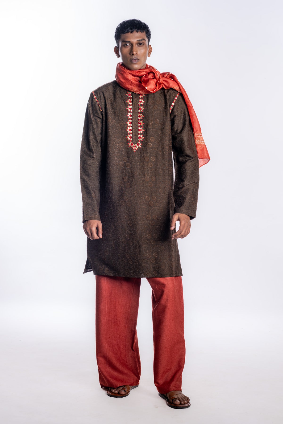 Dark brown kurta with all-over subtle textured embroidery