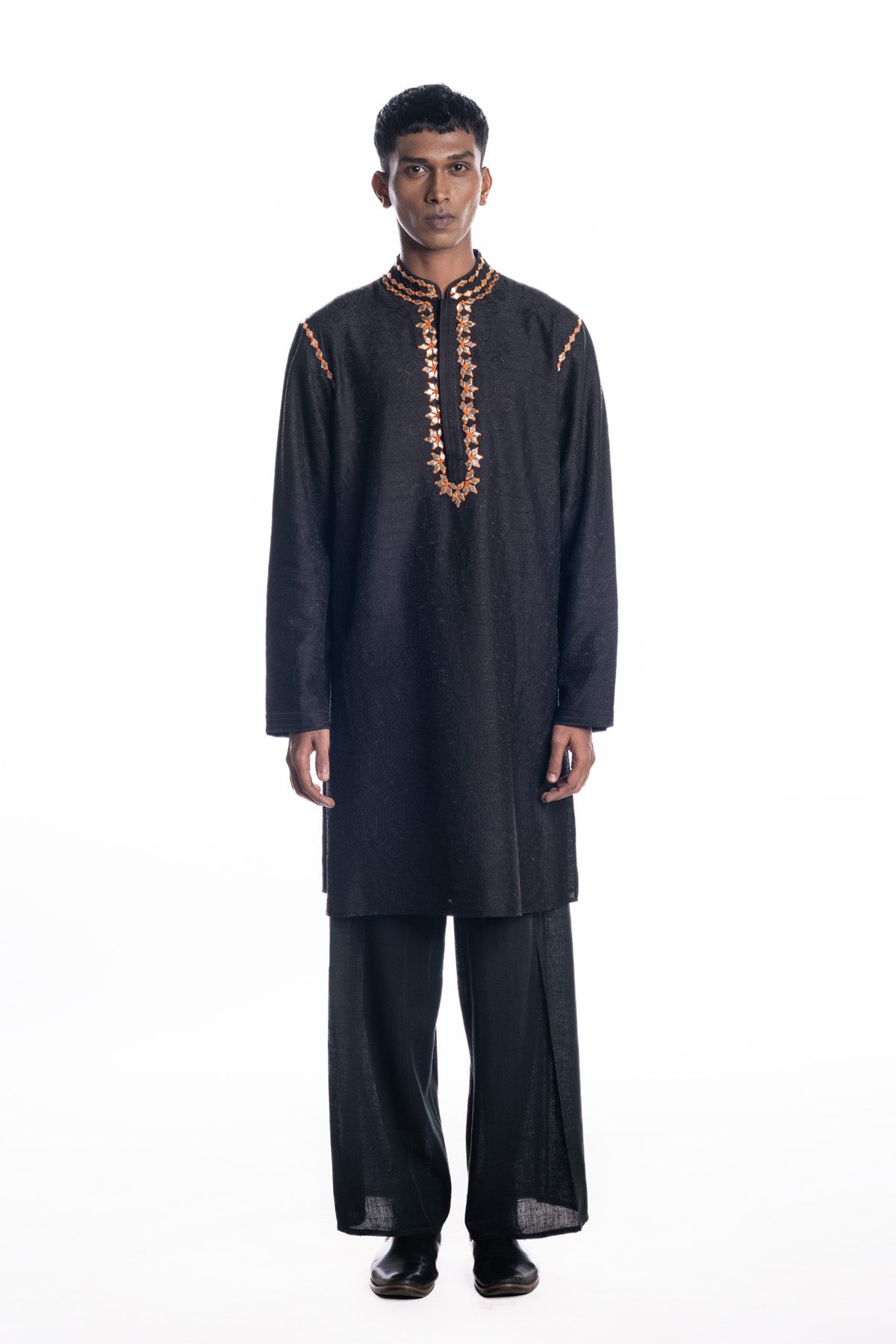 Deep navy kurta with all-over subtle embroidered textured surface