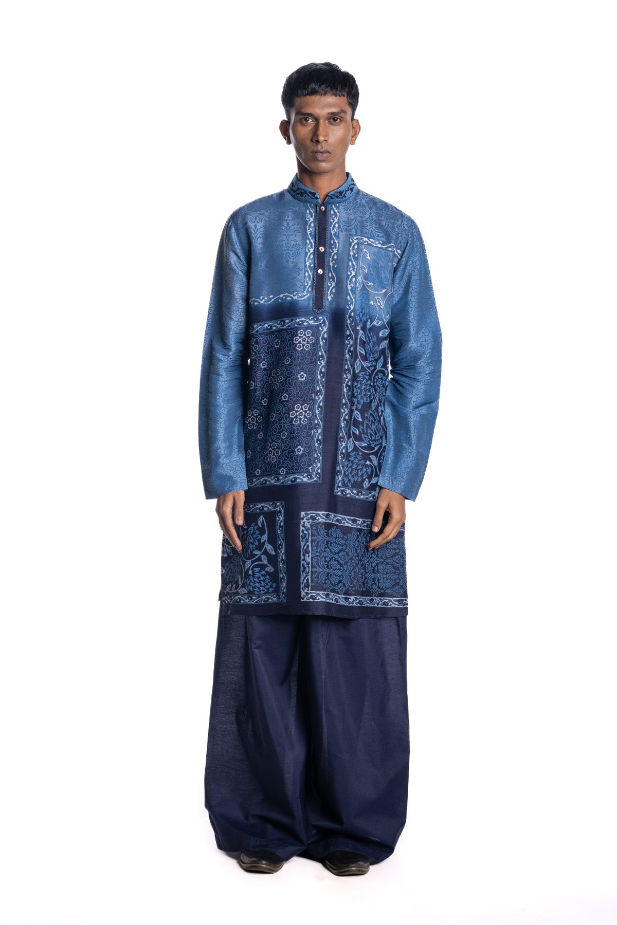 Indigo ombré-dyed kurta with engineered patchwork-inspired hand block print