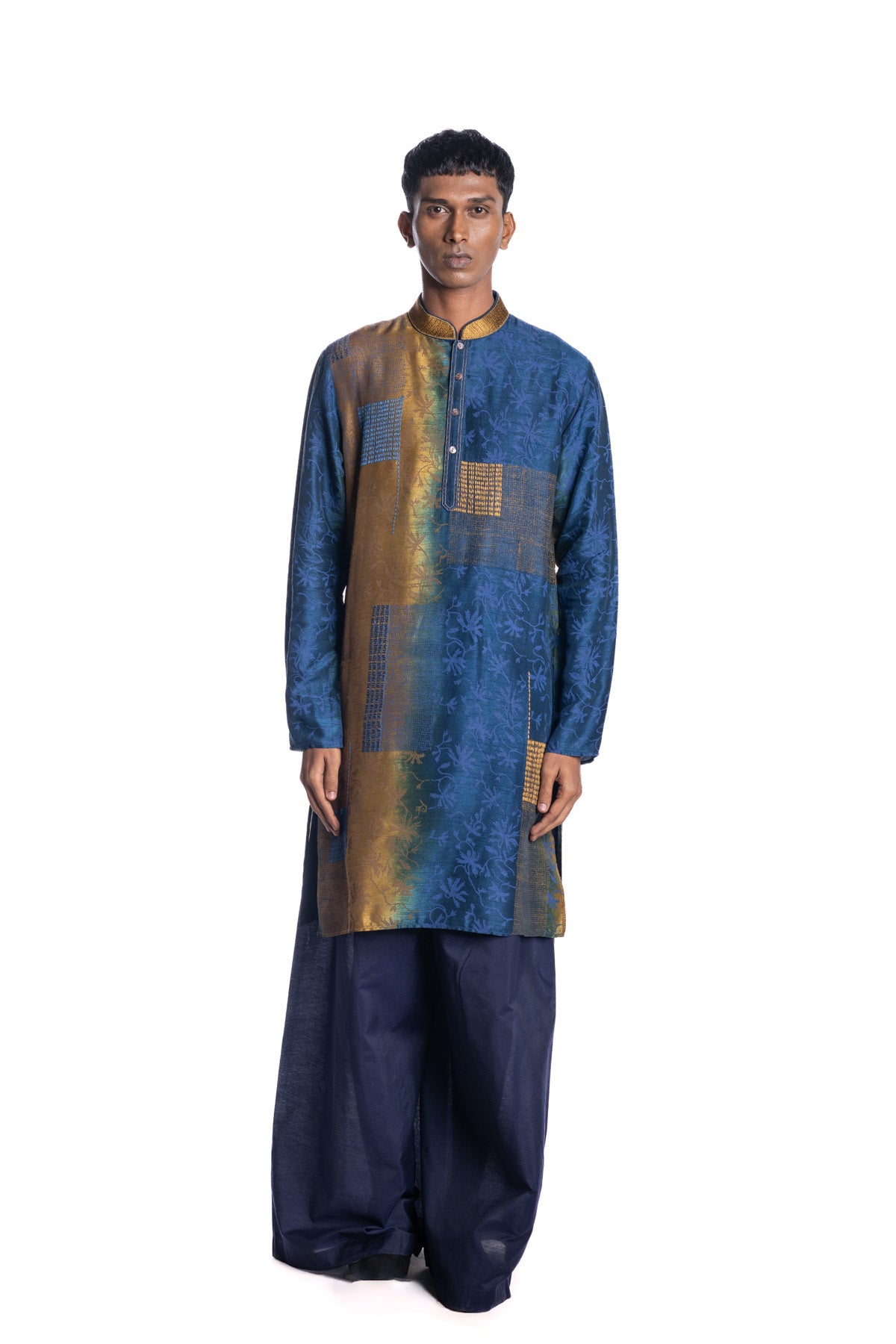 Indigo and olive ombré-dyed kurta with engineered patchwork-inspired surface design