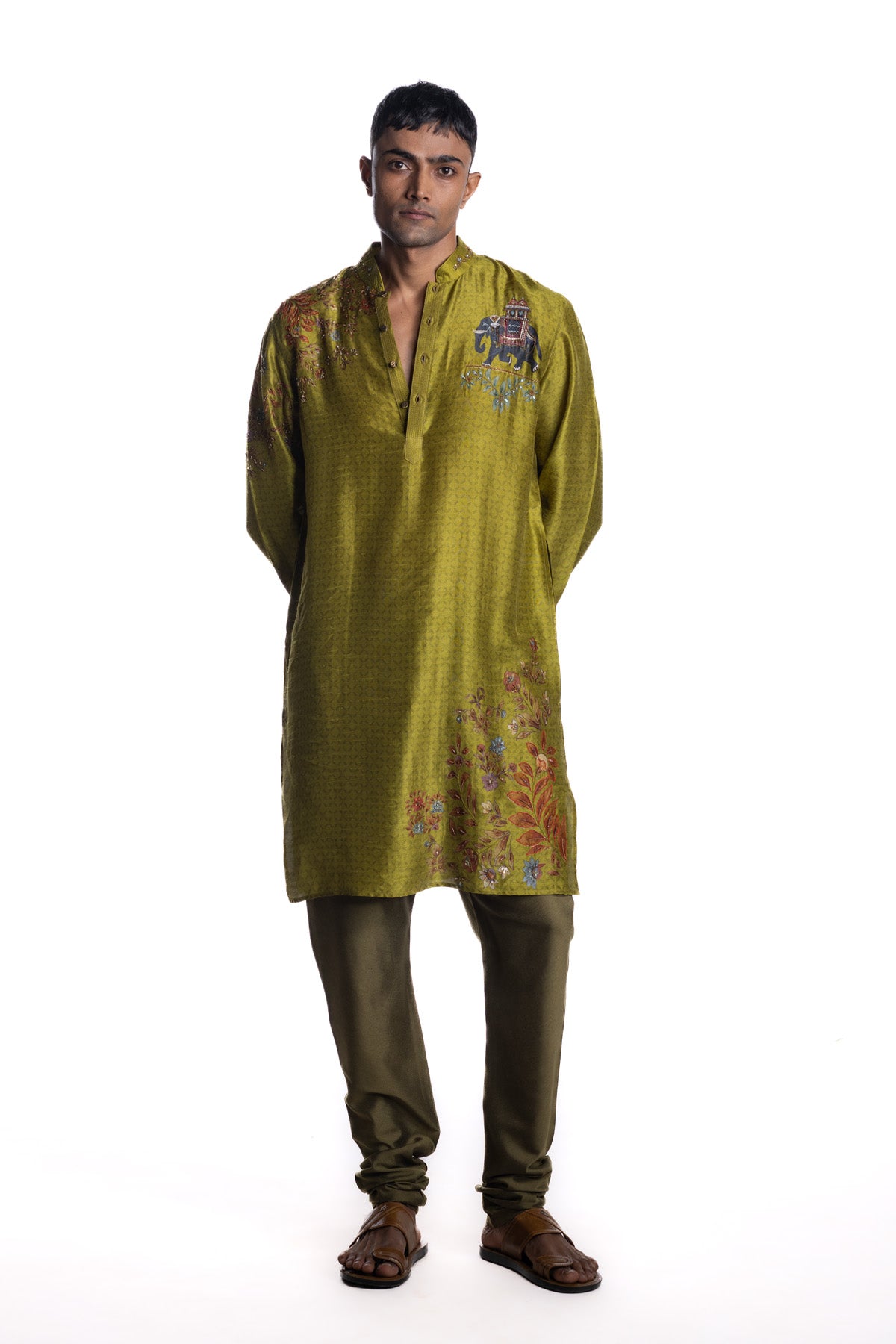 Olive kurta from the hand-painted Shikaar Pichwai–inspired series