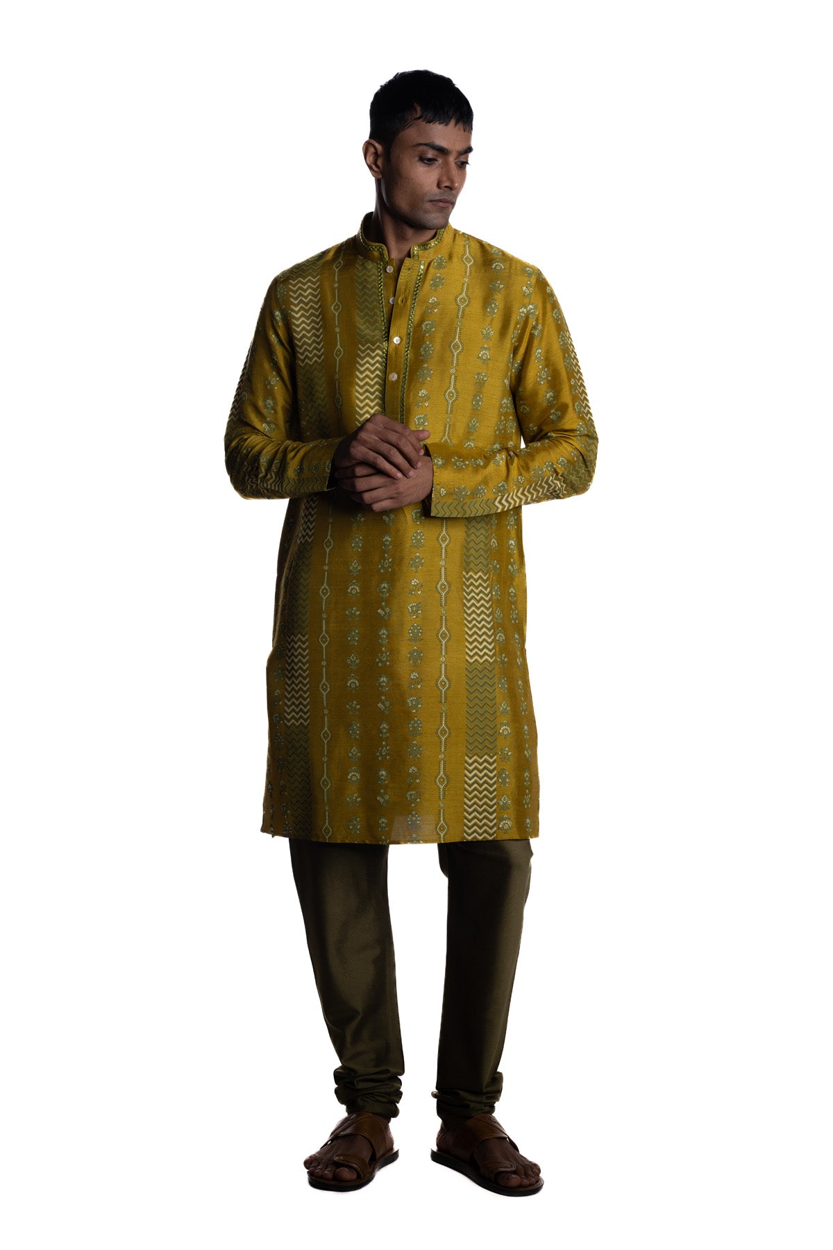 Mustard kurta with all-over engineered vertical hand block–printed motifs