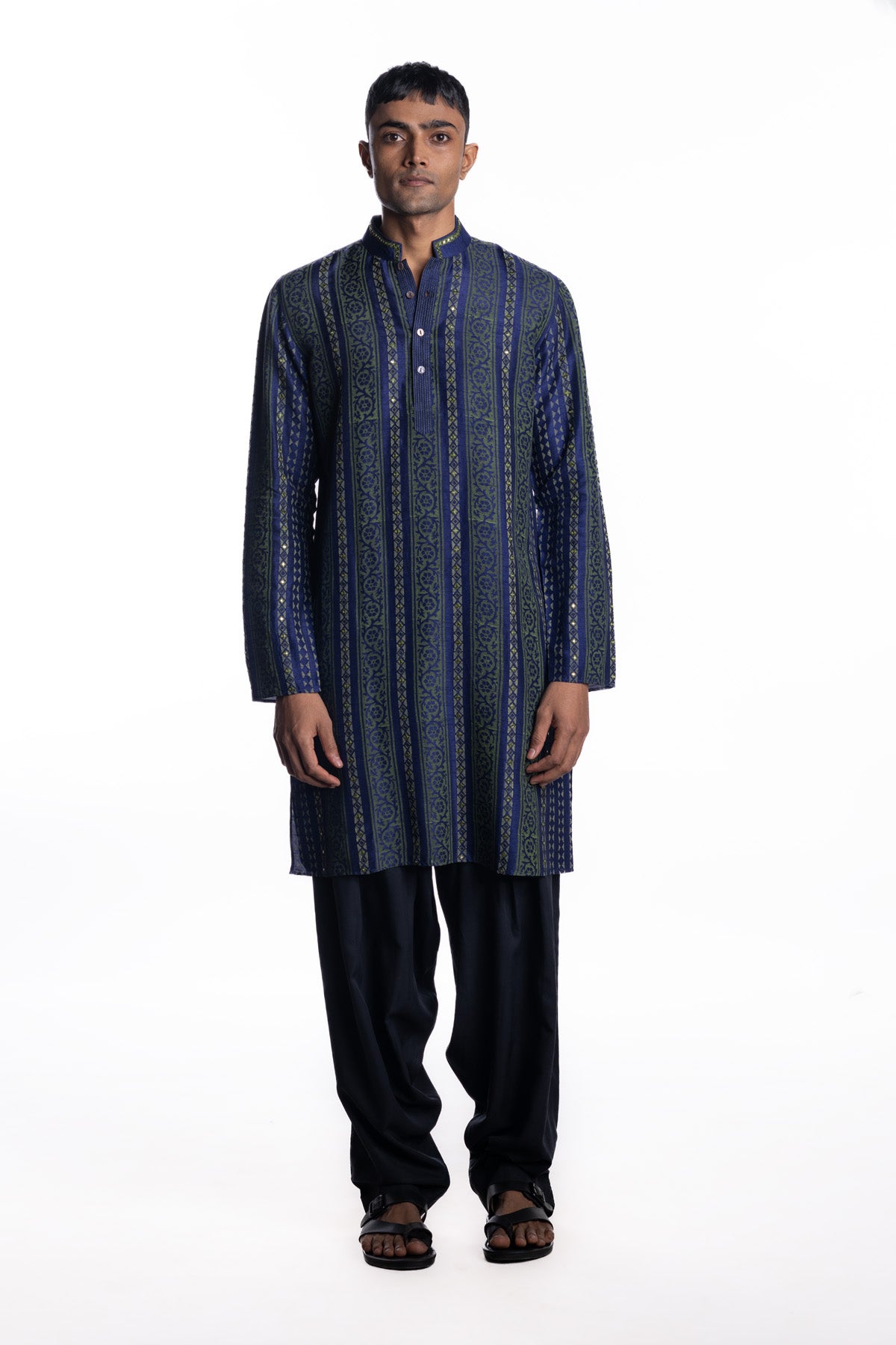 Deep indigo kurta with all-over vertical hand block–printed stripes