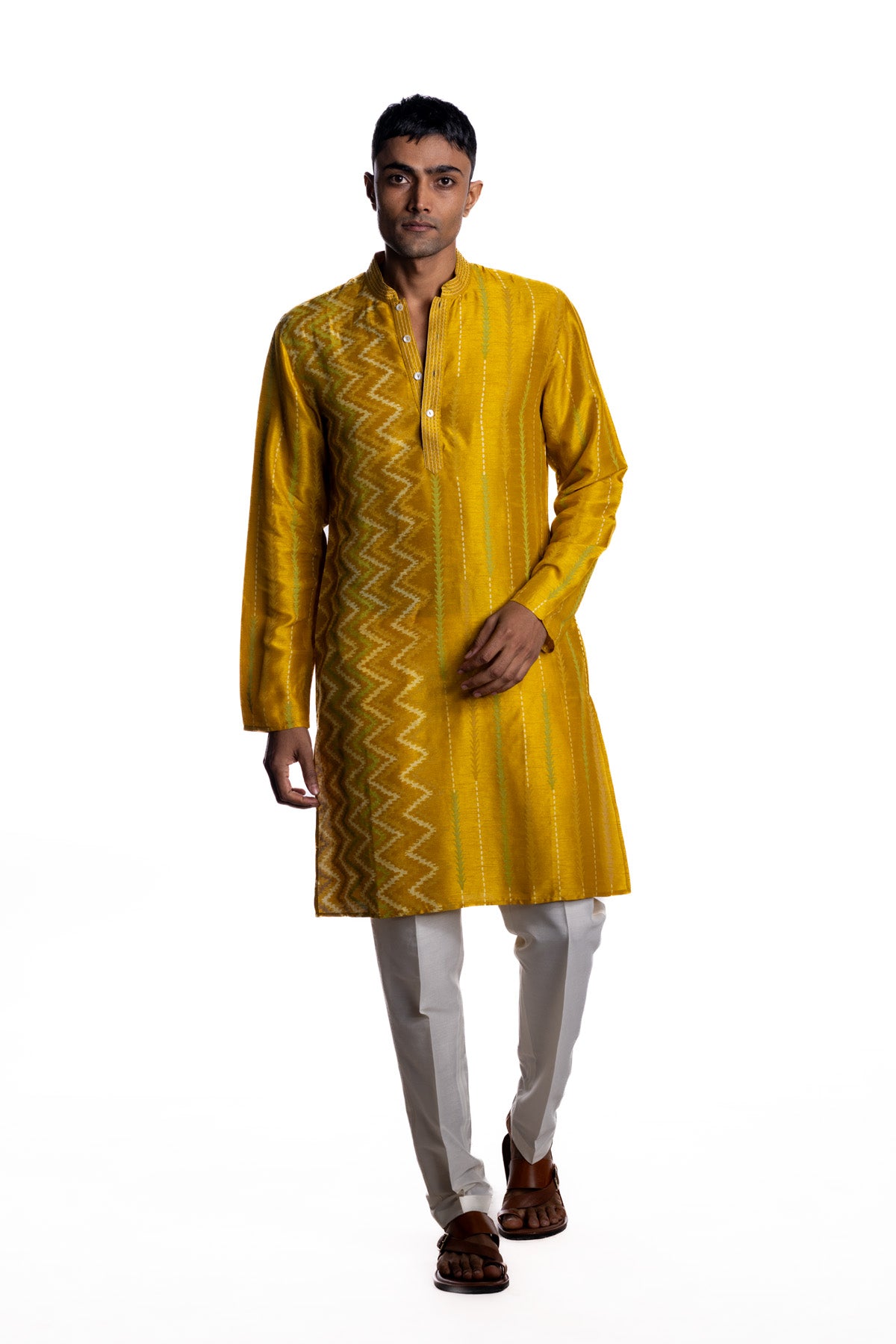 Mustard kurta with engineered half-and-half placement