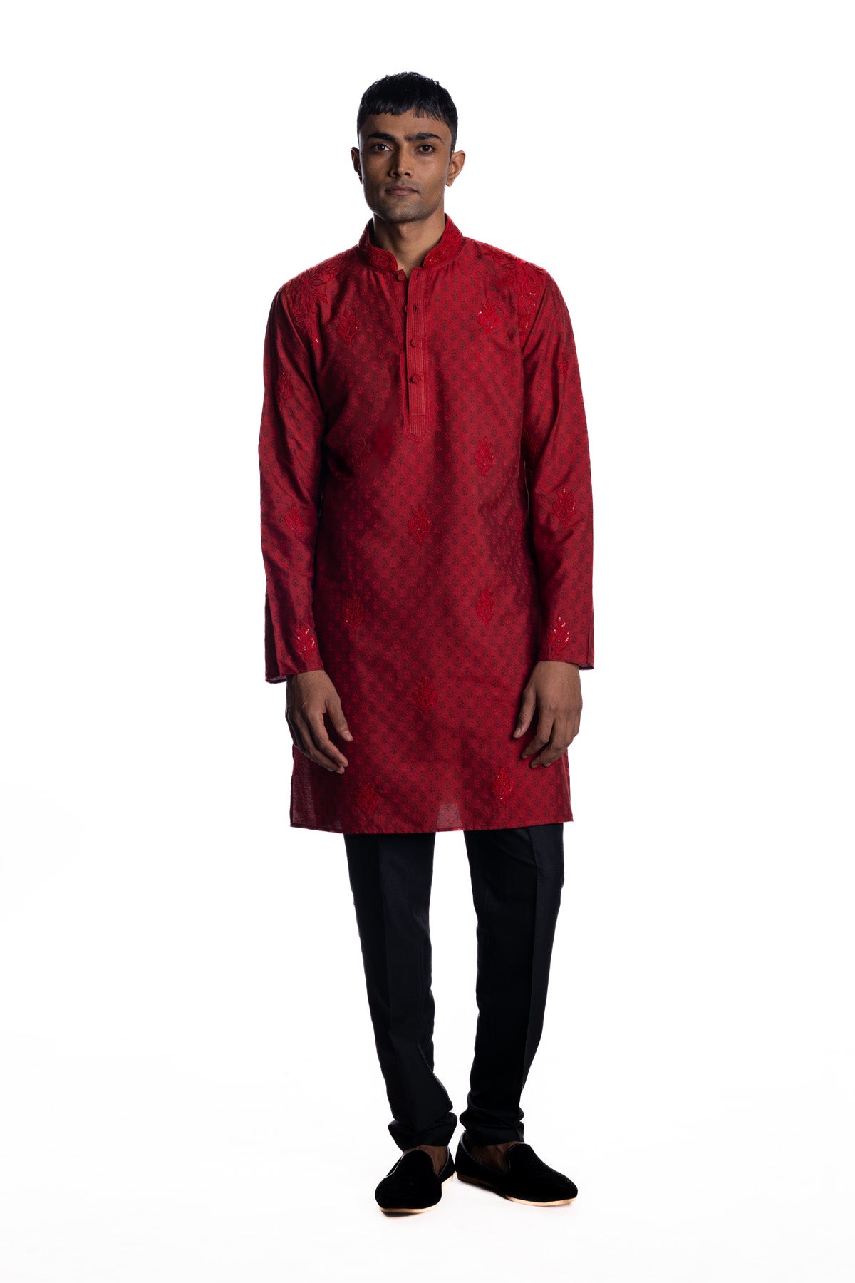Red kurta with subtle all-over block print and tonal beads and sequins embroidery