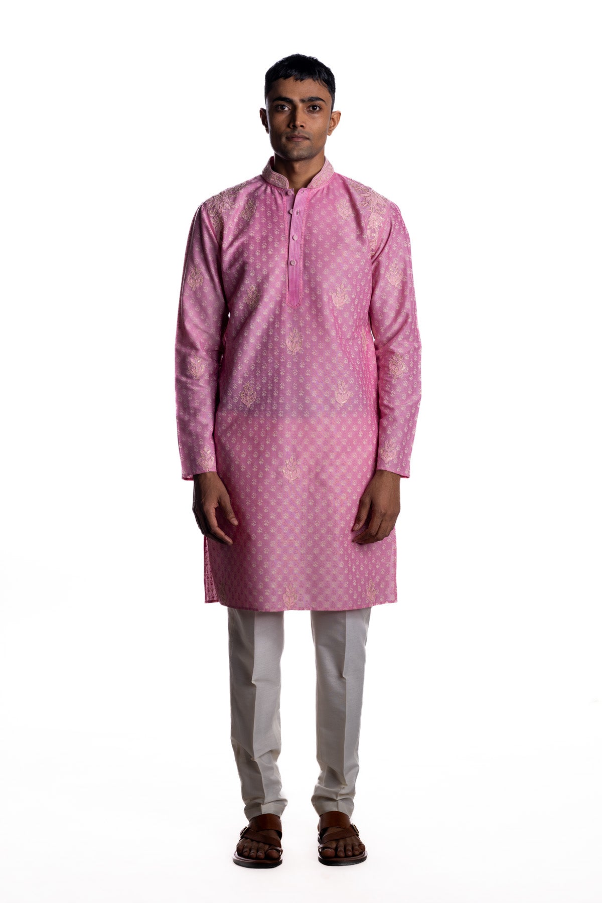 Pink kurta with subtle all-over block print and tonal beads and sequins embroidery