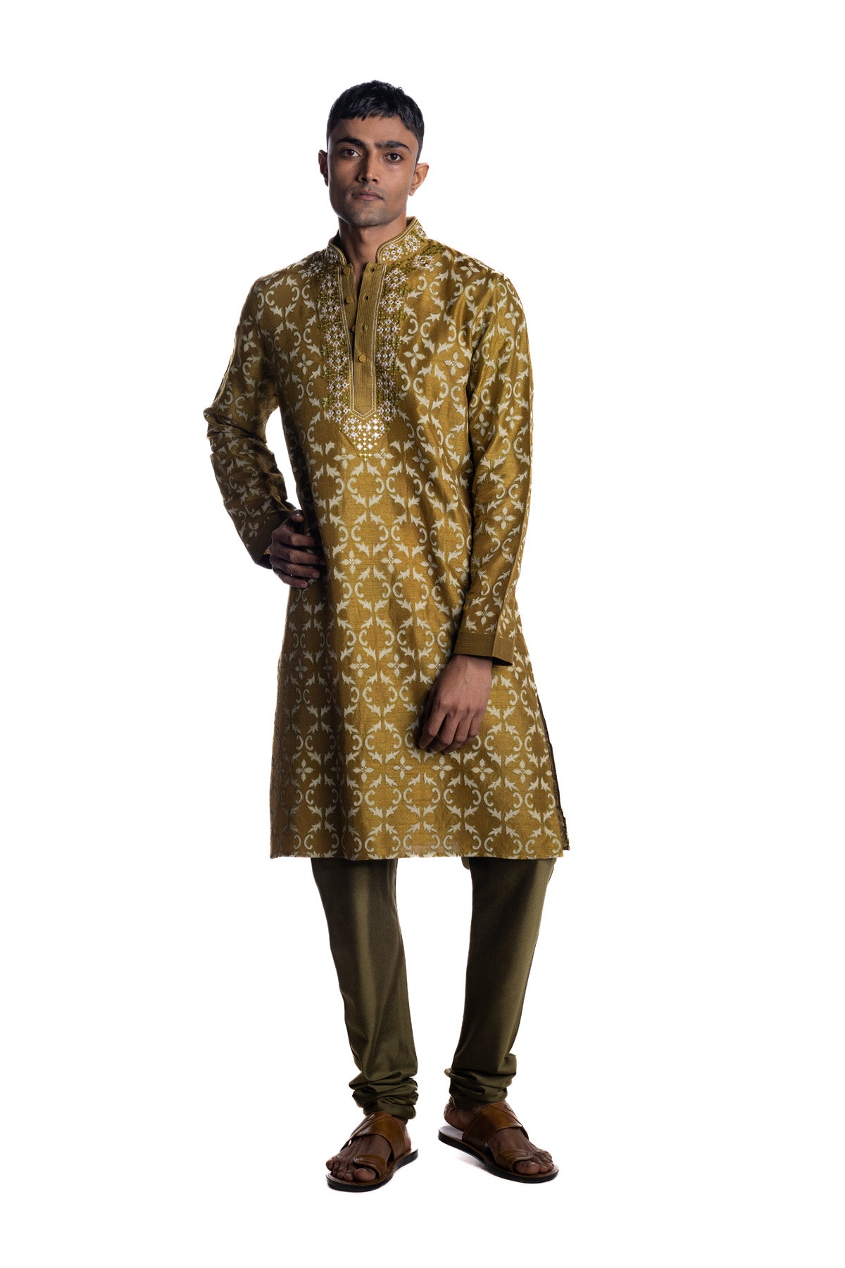 Olive kurta with all-over heritage-inspired block printed motifs