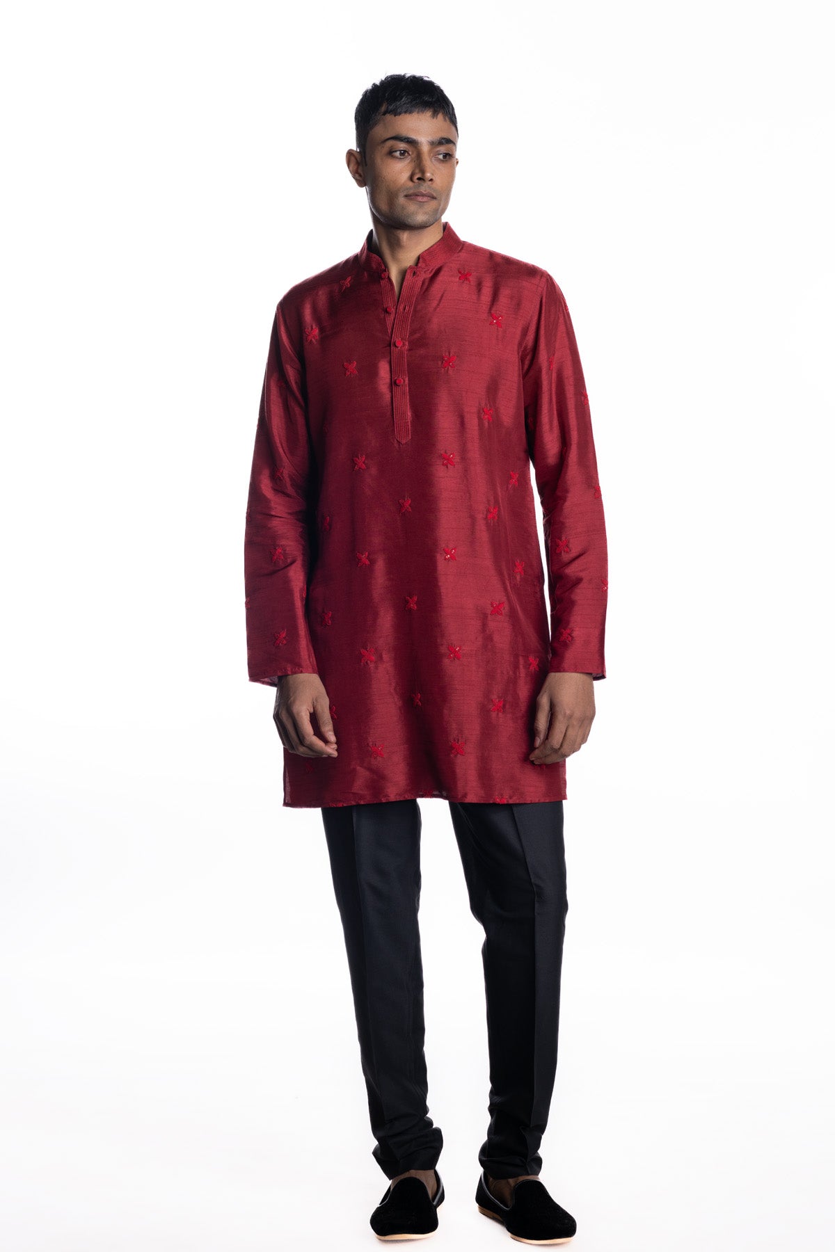 Red kurta with all-over small buti hand embroidery