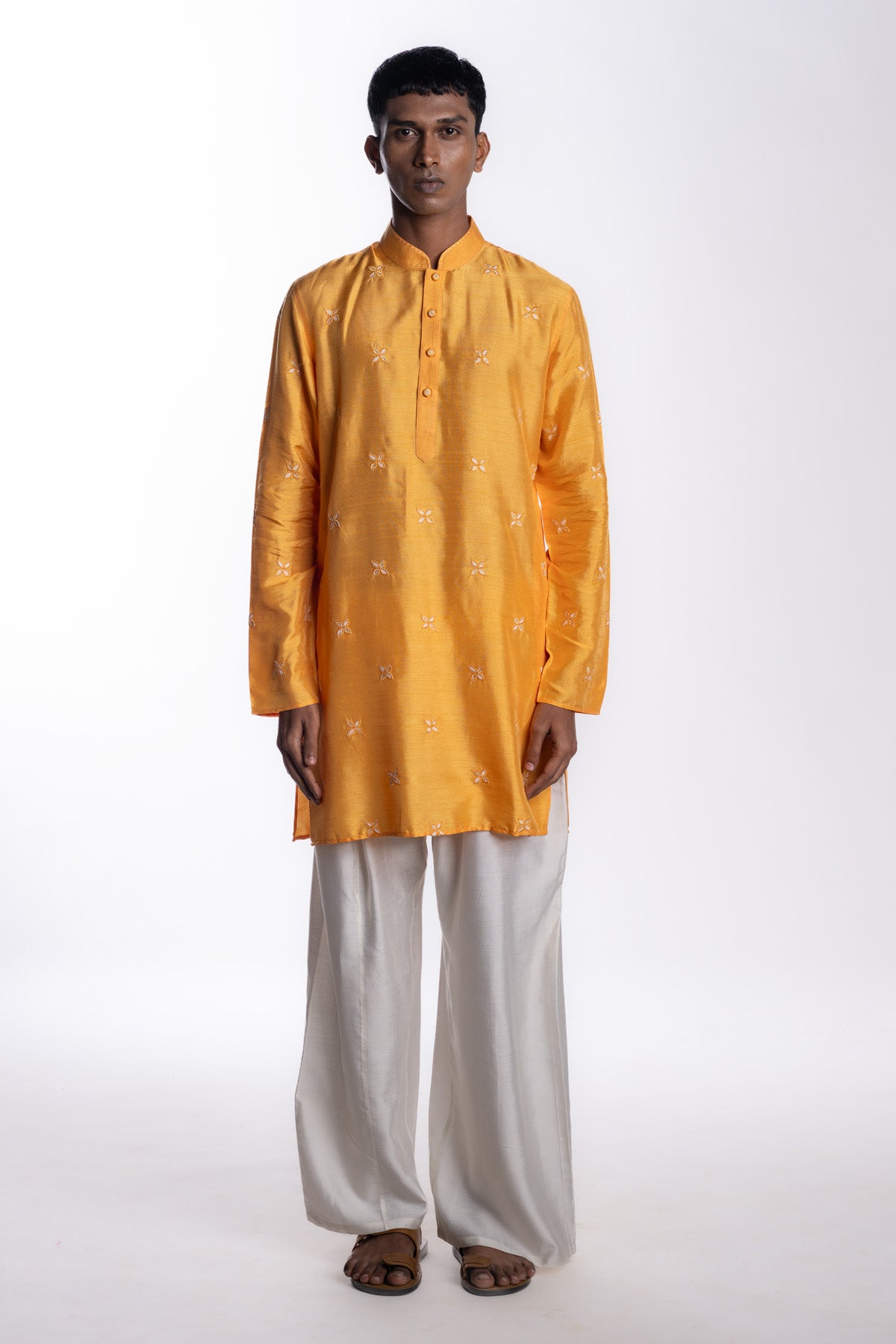 Mustard kurta with all-over small buti hand embroidery