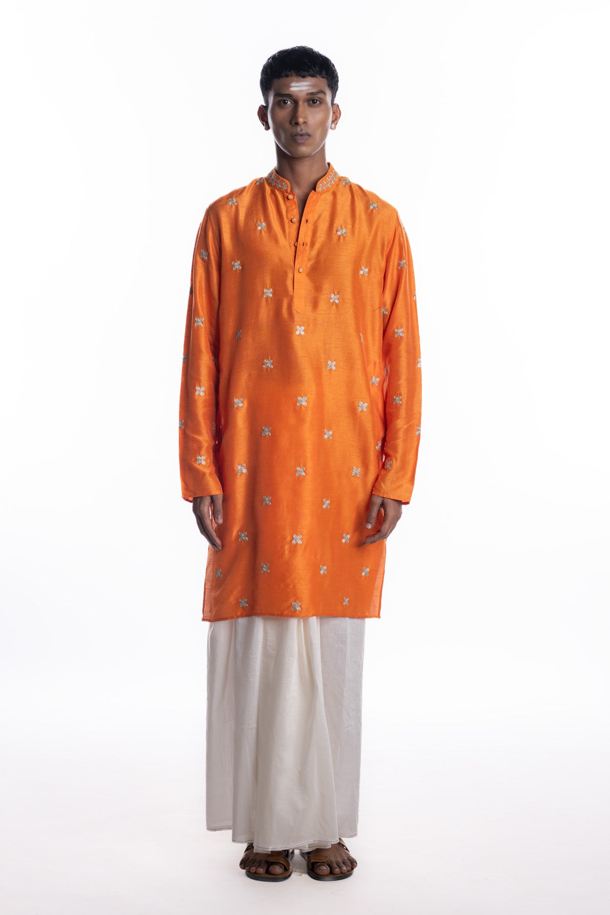Orange kurta with all-over small buti hand embroidery