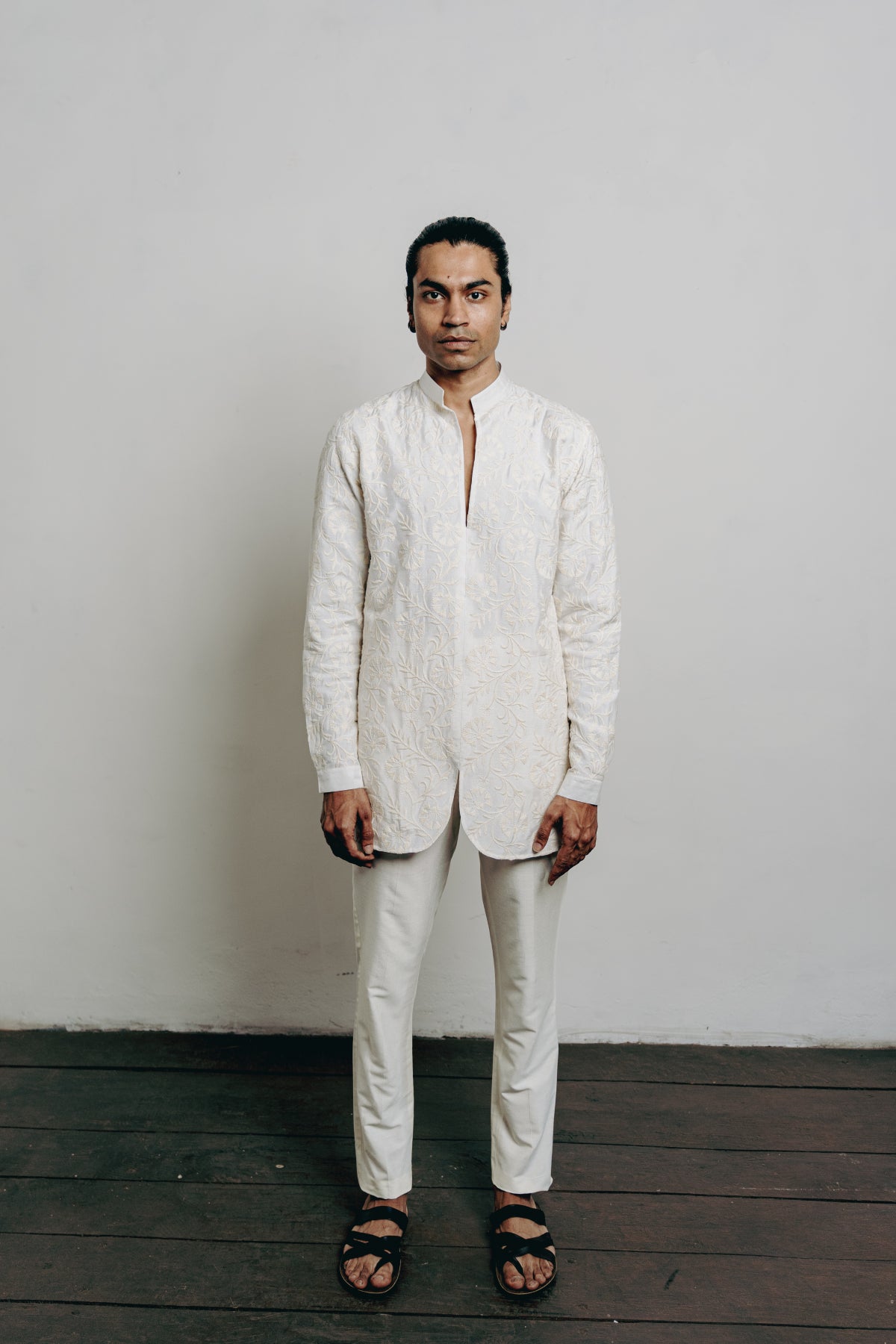 White All Over Embroidered Multi-Stiched Short Kurta