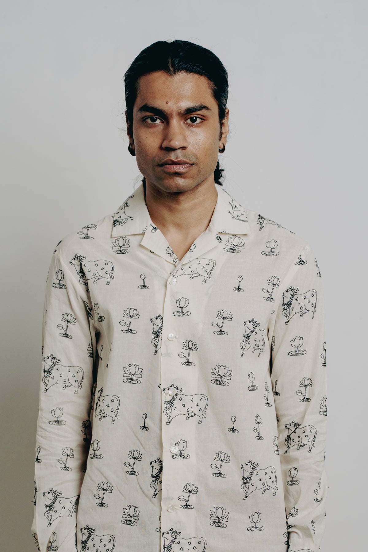 Off-White All Over Lotus-Cow Embroidered Front Open Shirt